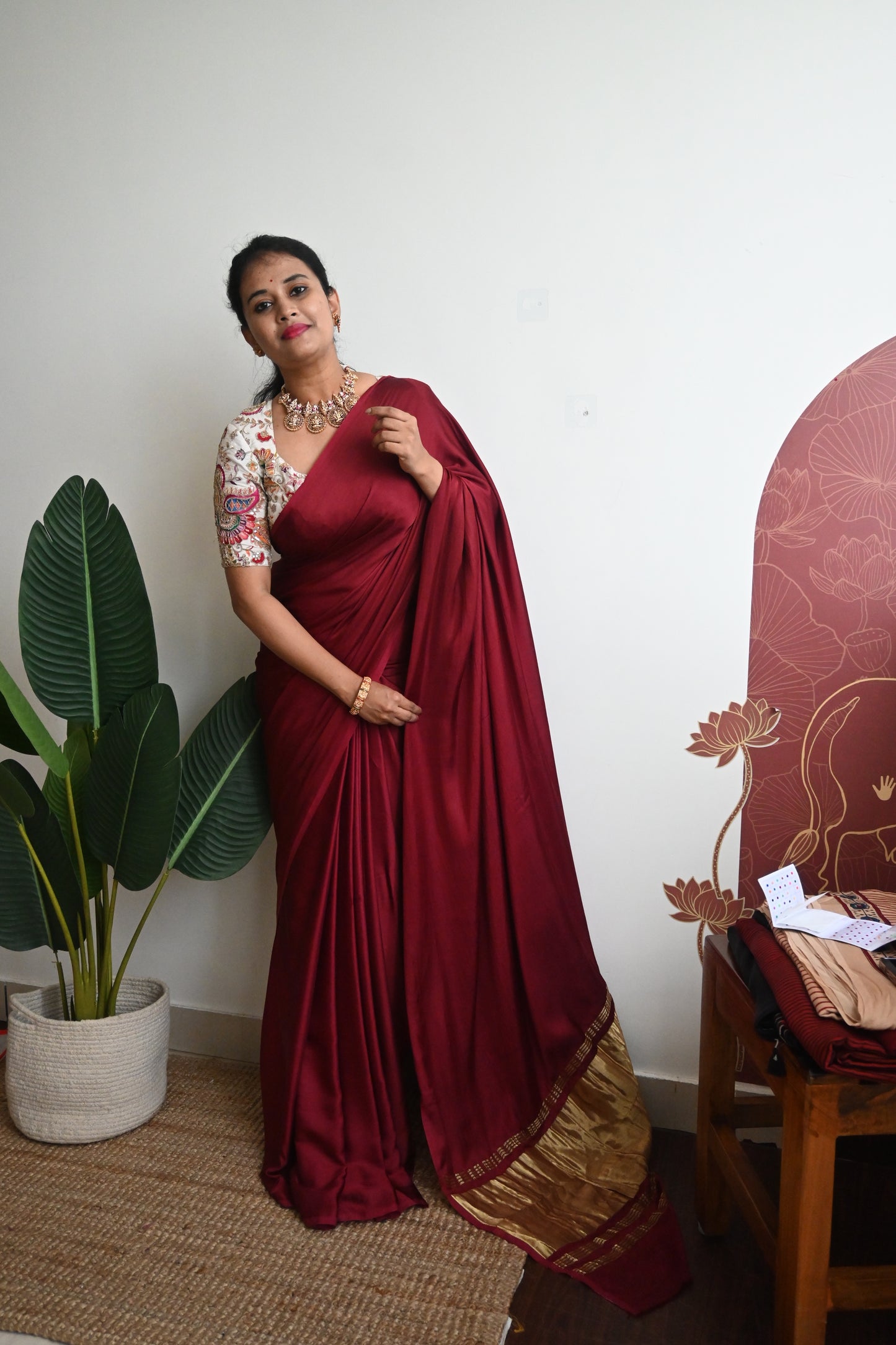 Pure plain modal silk saree with lagadi pallu