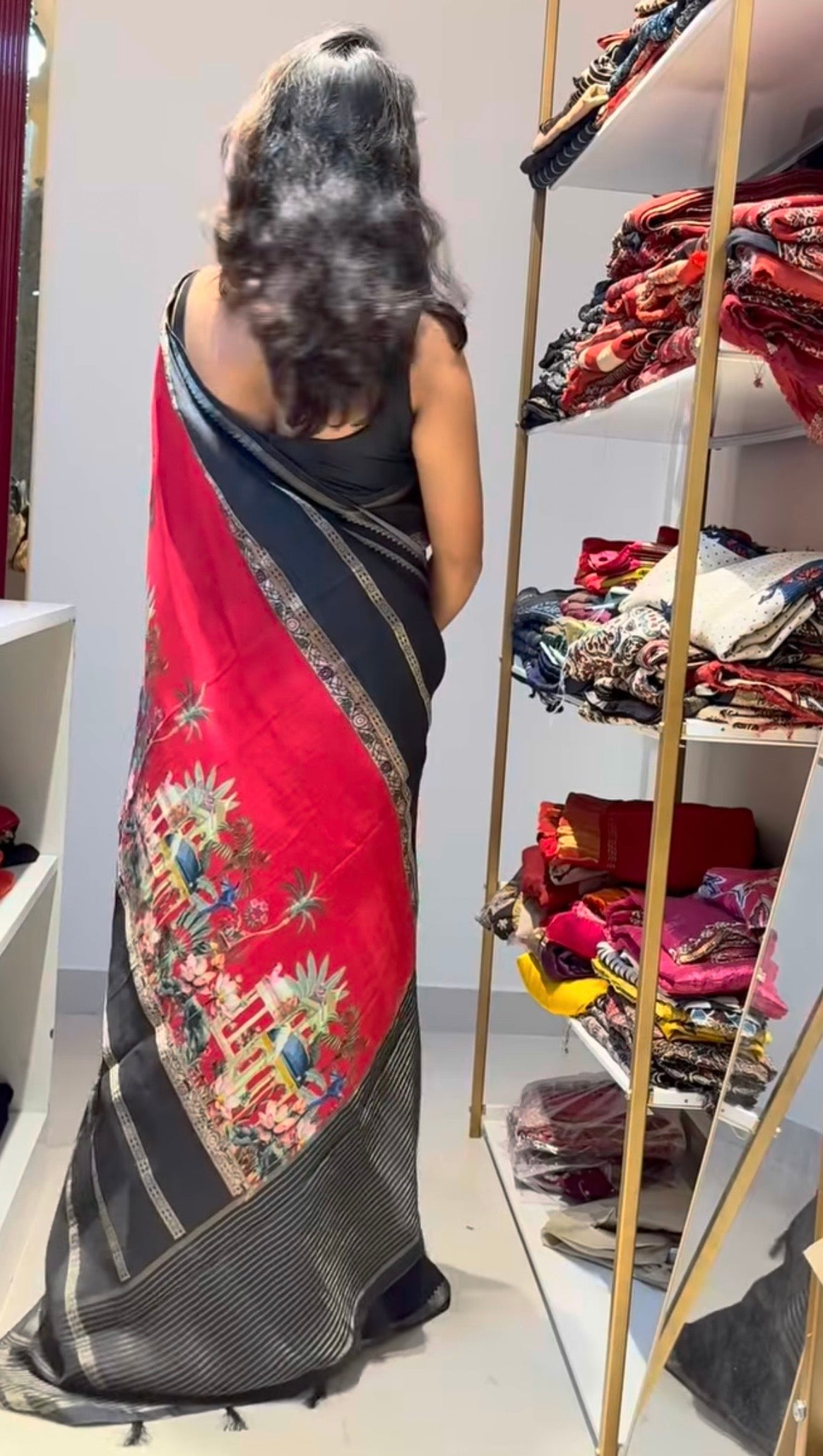 Black and red kalamkari Chinnon crepe silk saree