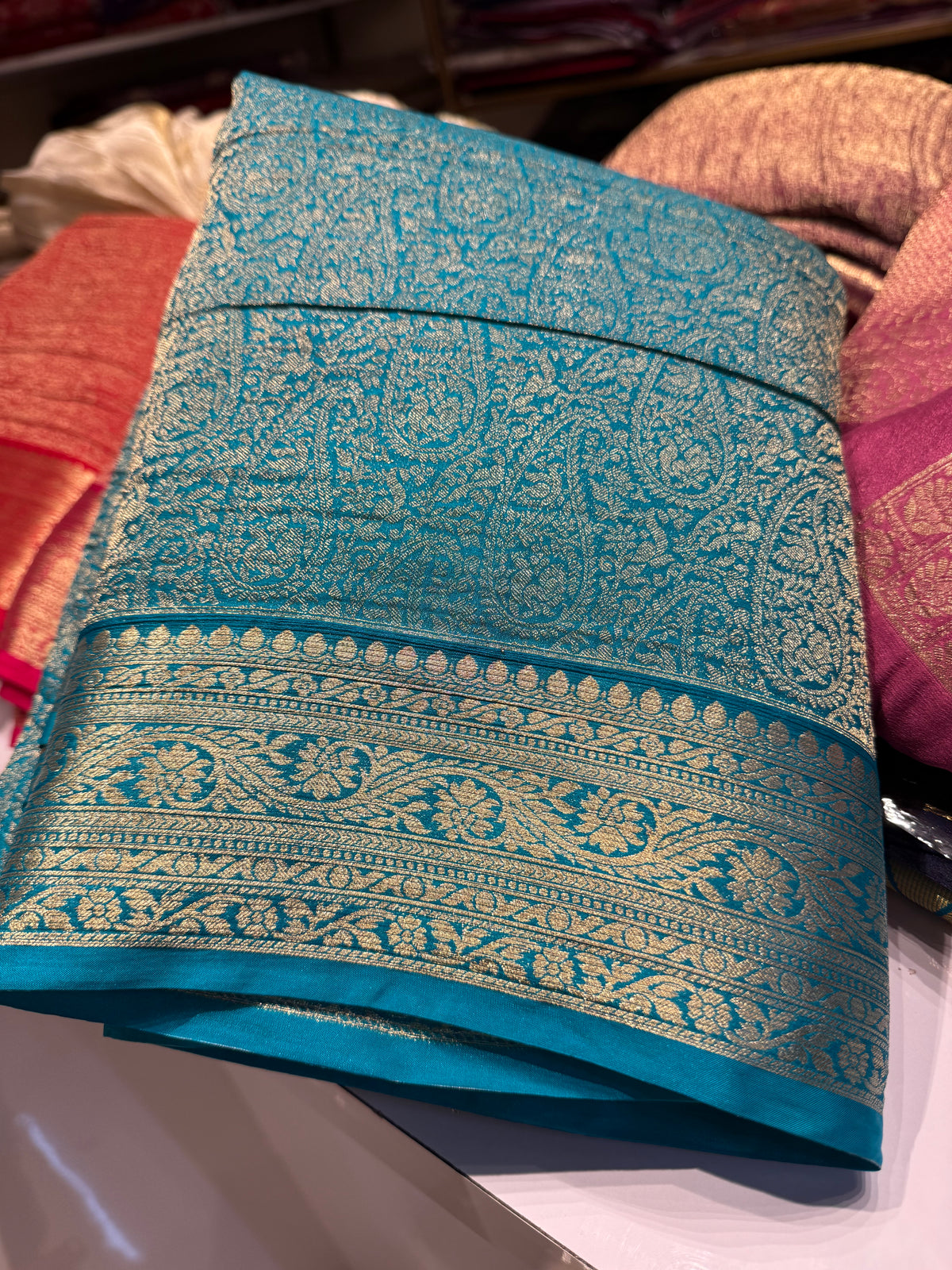 Blue premium wrinkle Chinnon brocade saree (SSW3950)
