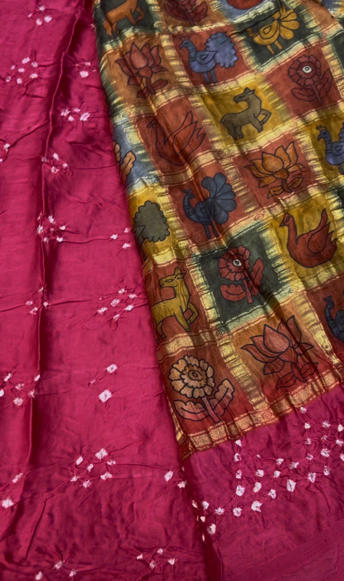 Pure gajji silk saree with pen kalamkari checks with bandhini saree