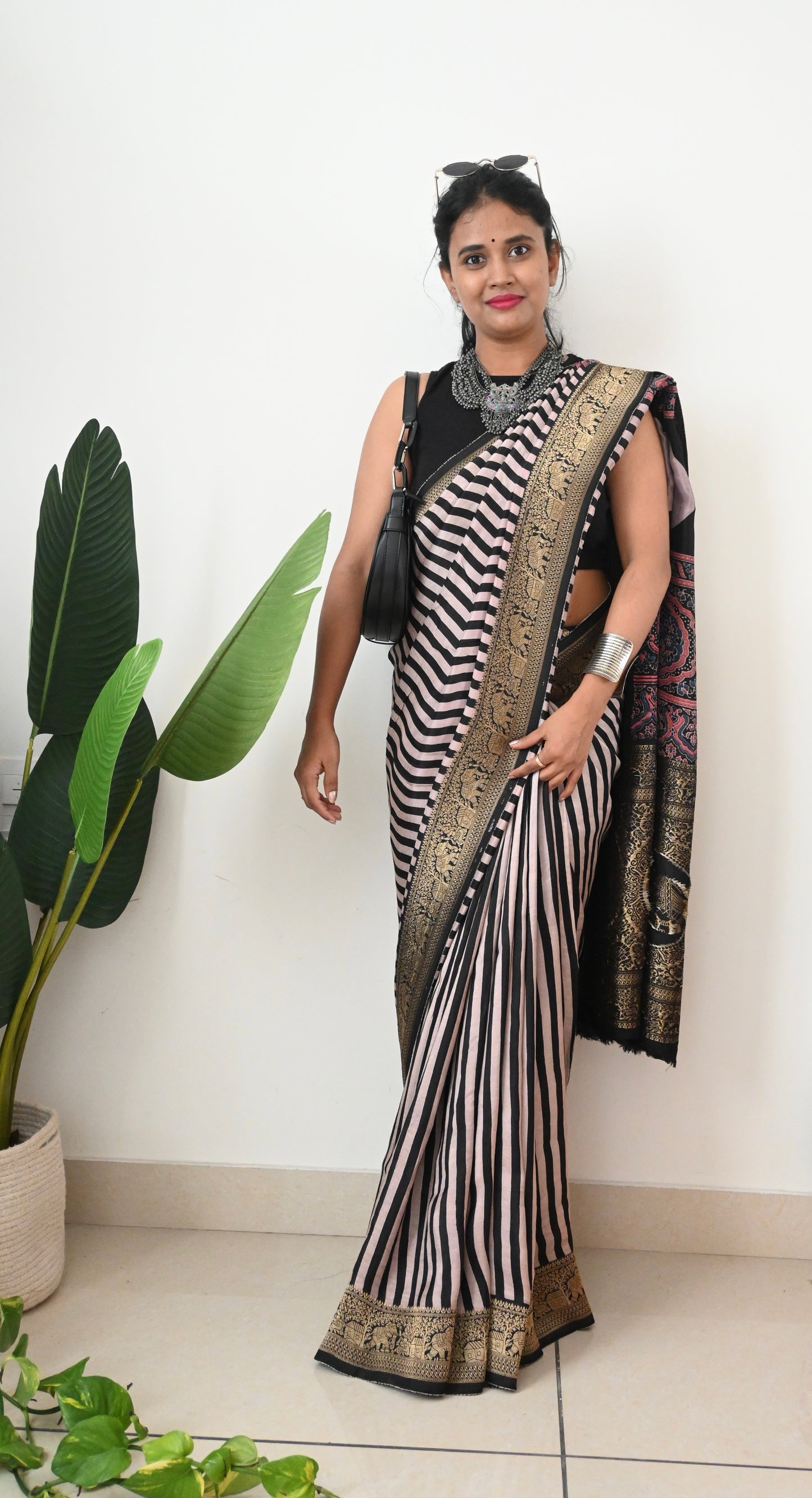Black and white Dola silk saree