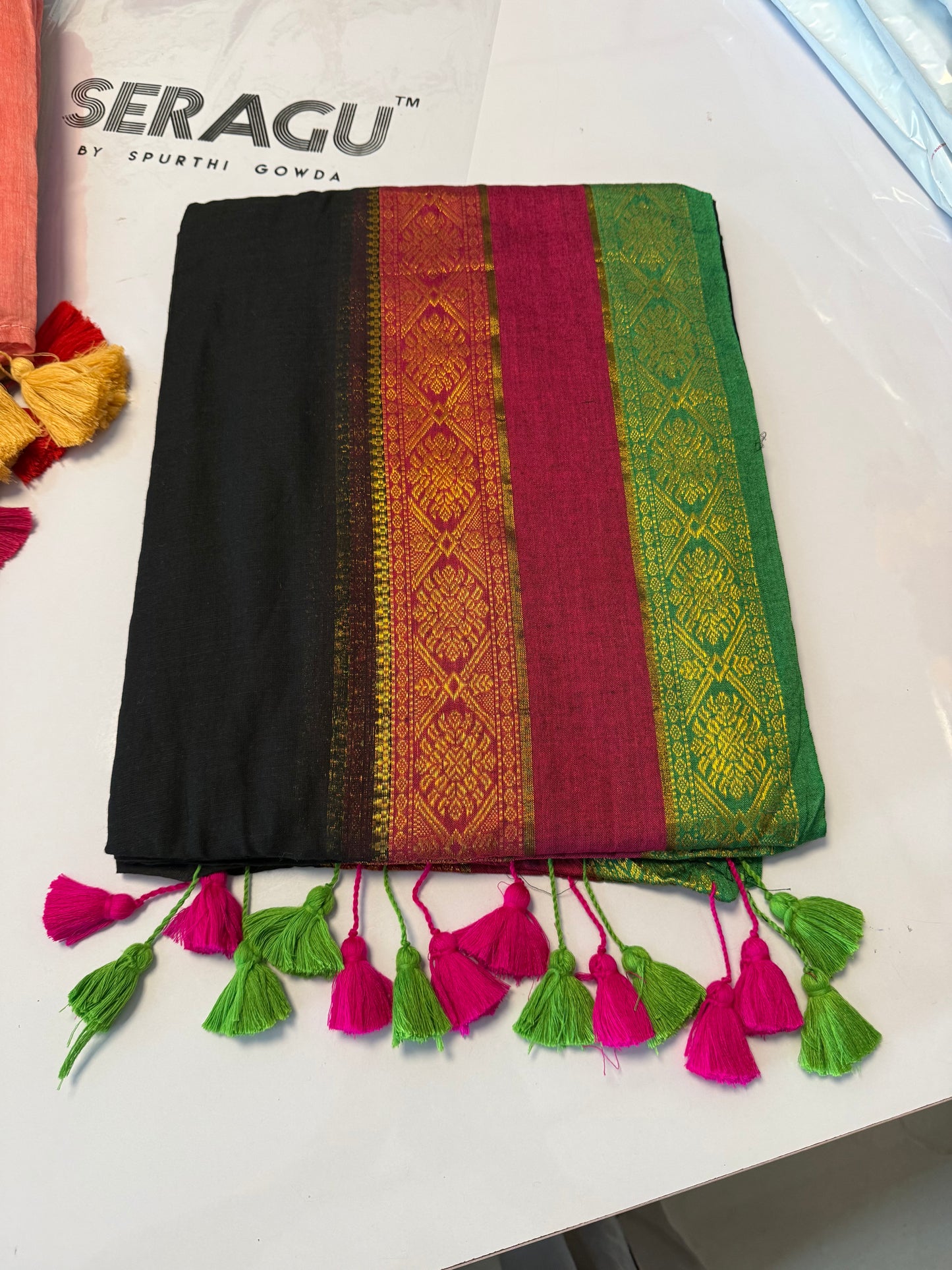 120 count pure mul Cotton With Long Tassels Saree black