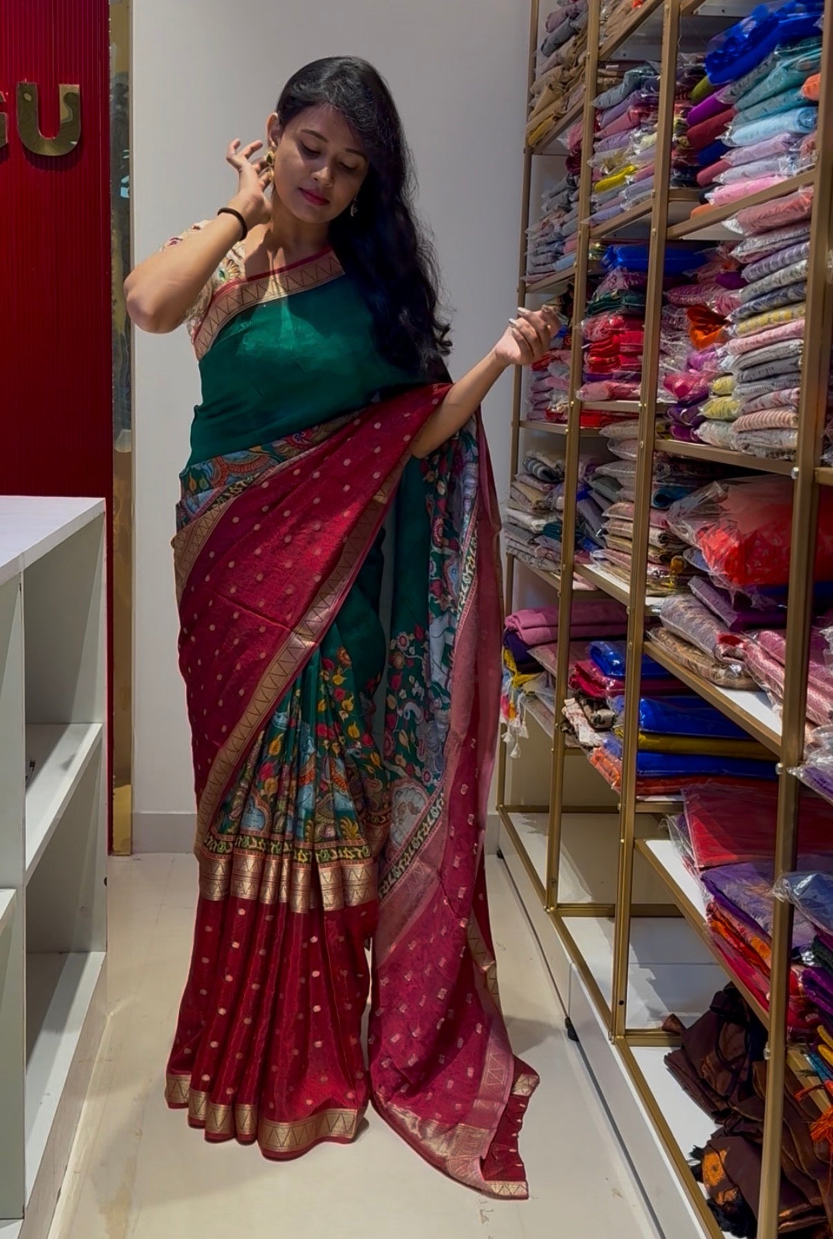 Green and Red Chinnon crepe silk saree
