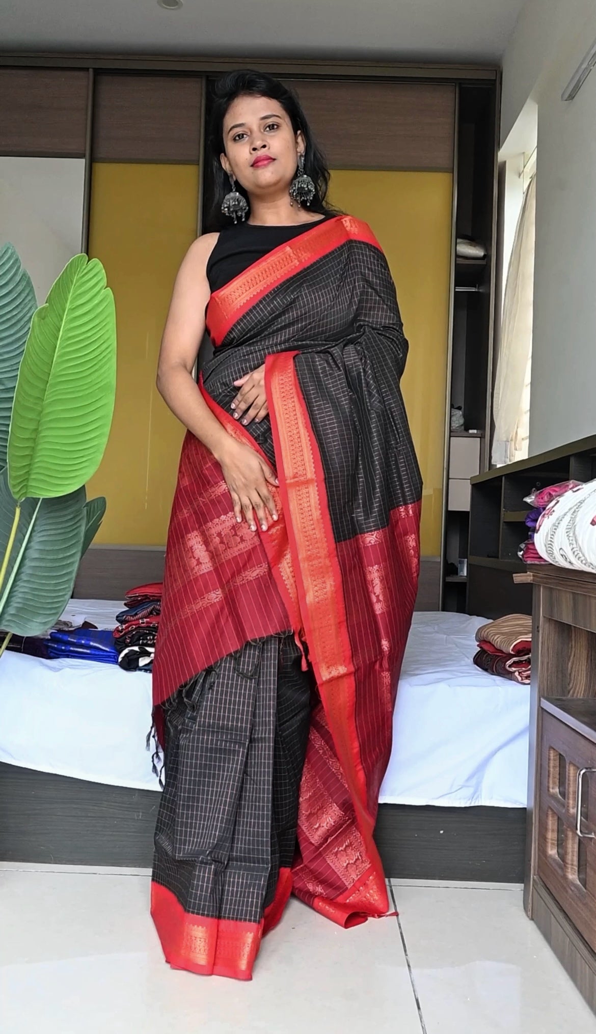 Black and red checked cotton silk saree