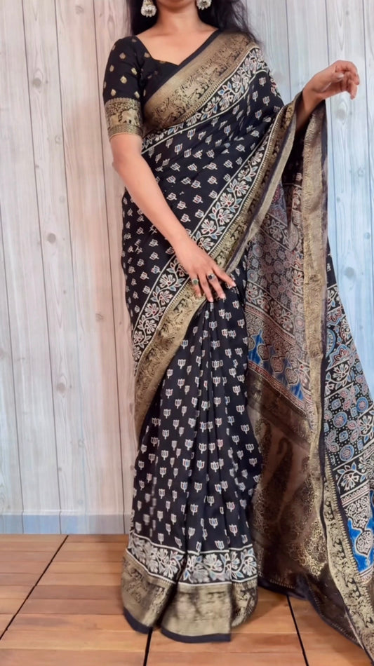 Dola Silk Saree with ajrakh hand block print