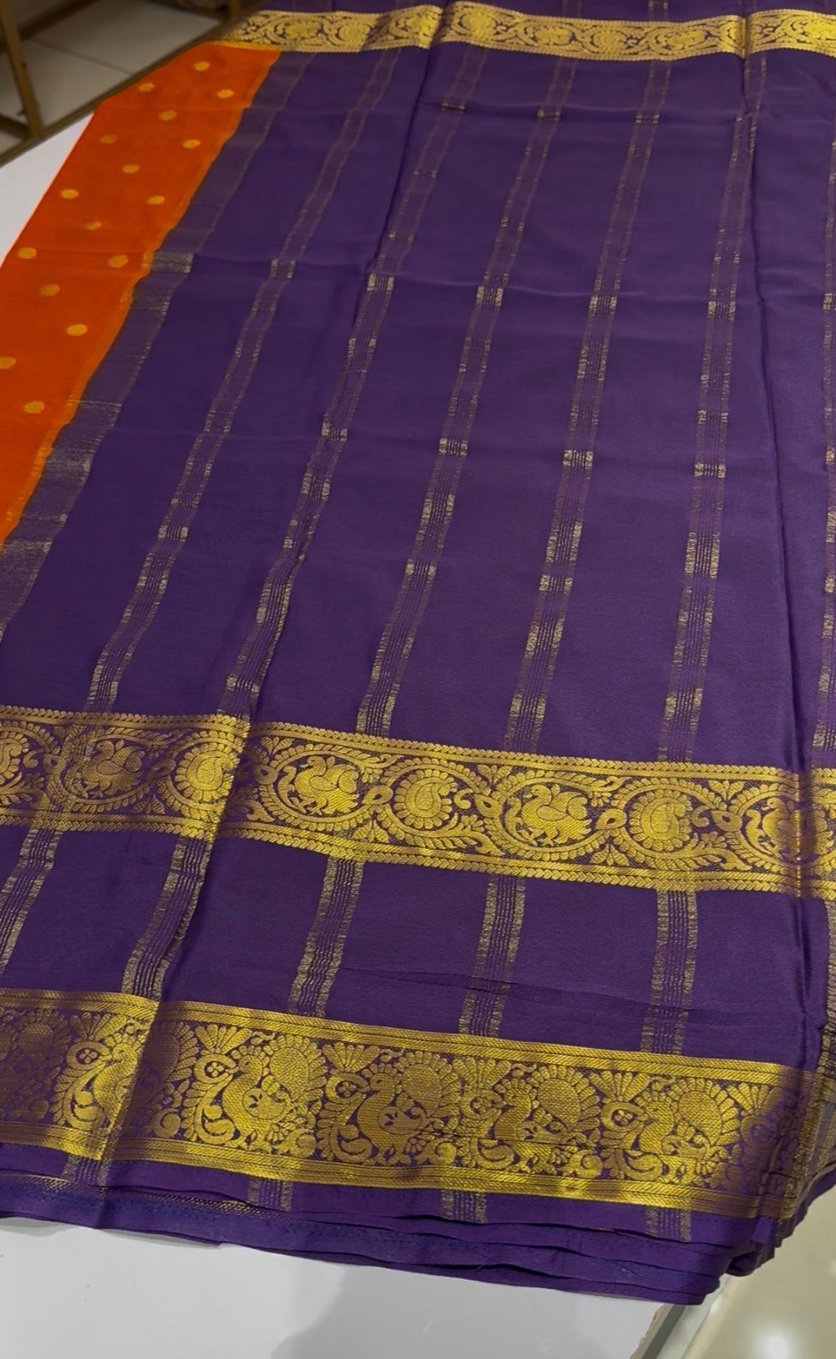 Orange with purple semi crepe silk saree