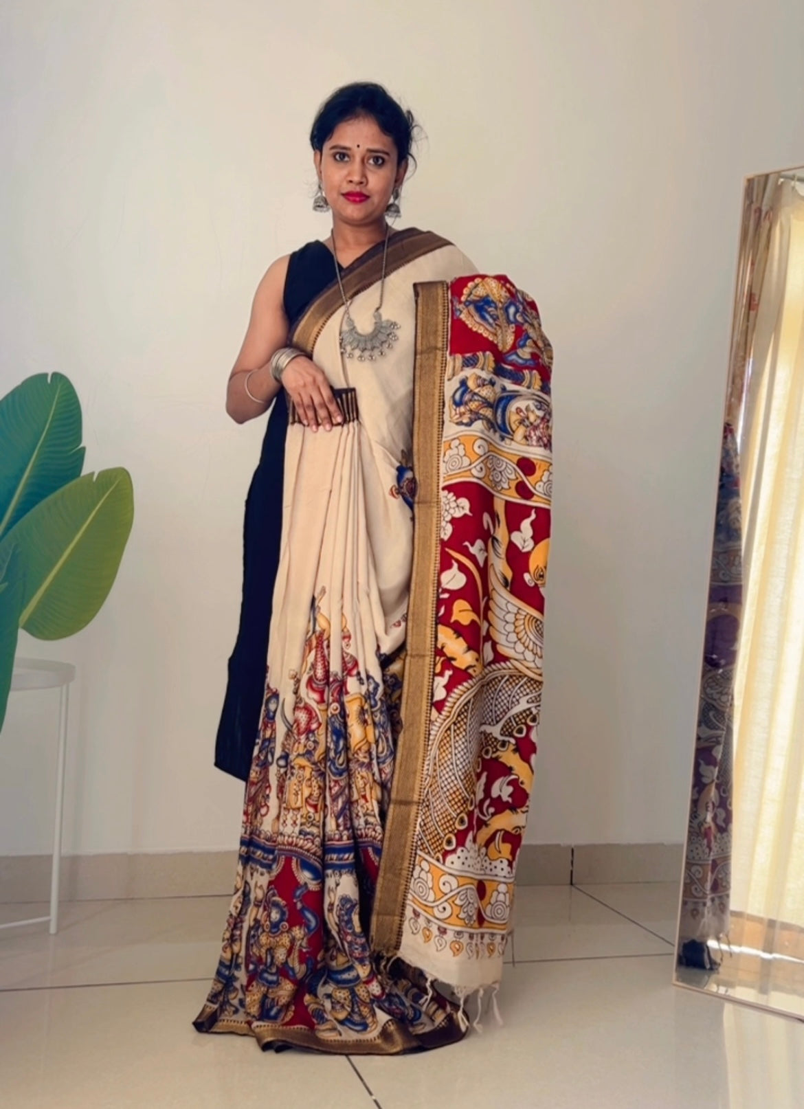 Off-white pure kalamkari chennur silk saree with nizam border