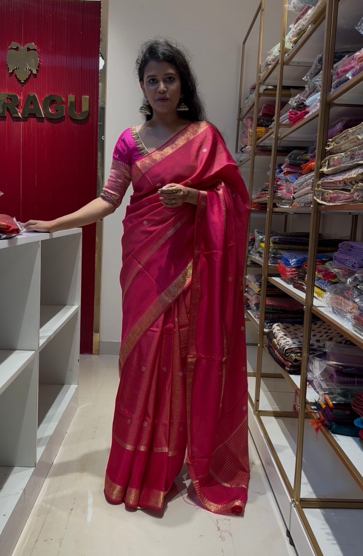 Pink Viscose stripes saree