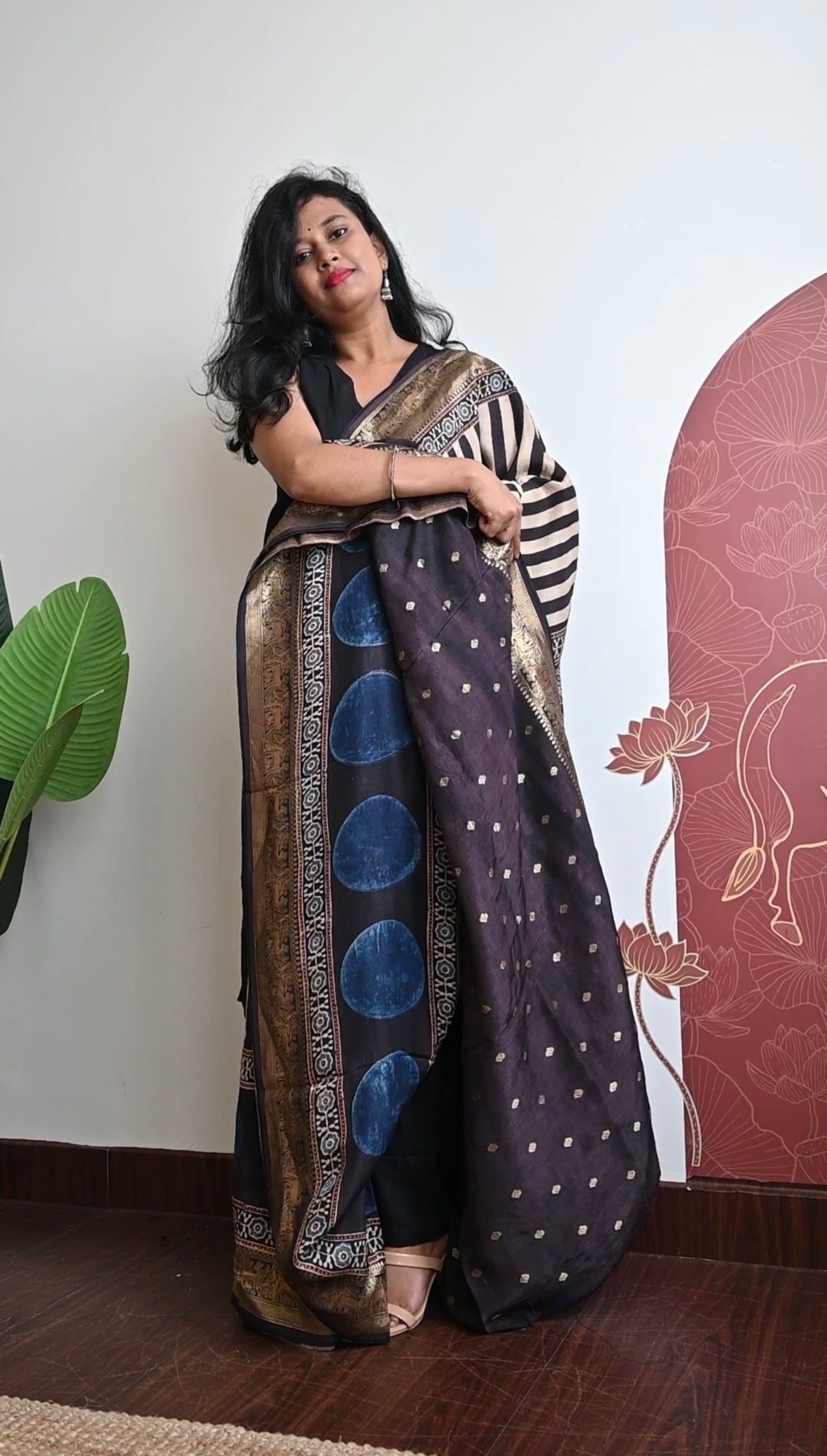 Pure Dola silk saree with ajrakh hand block print