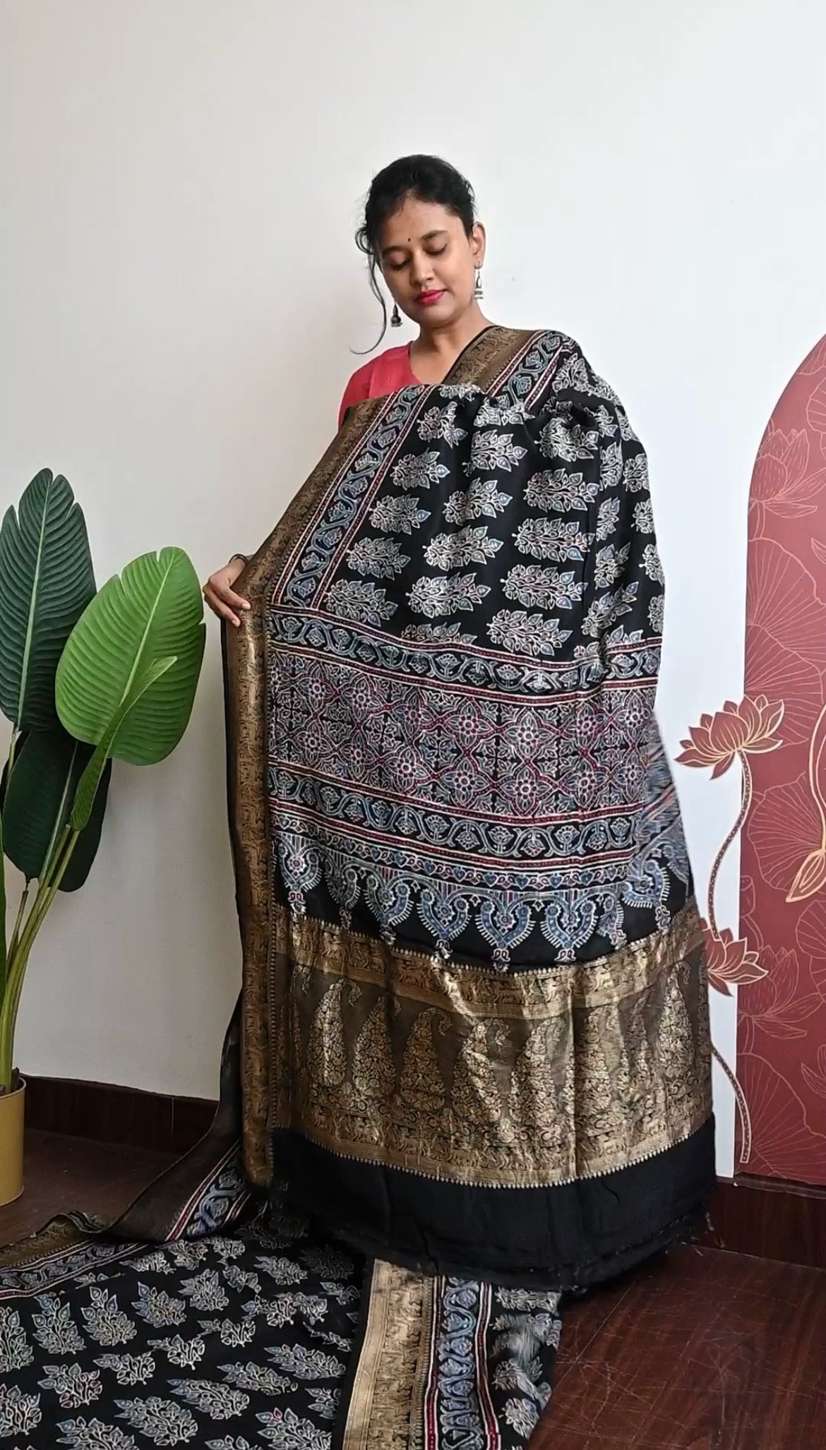 Pure Dola silk saree with ajrakh hand block print