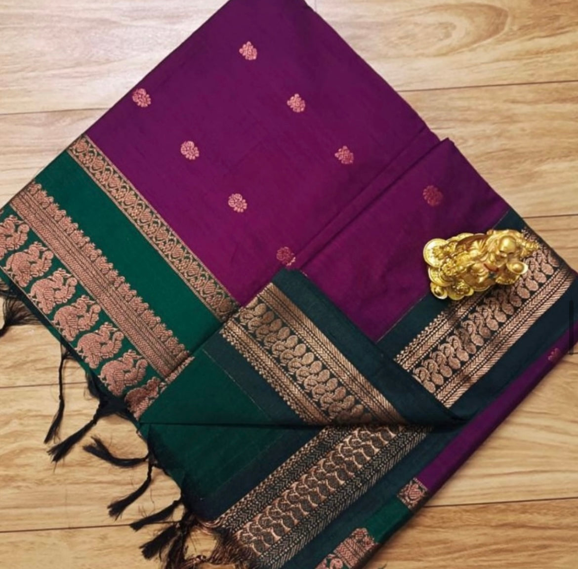 Pink with bottle green silk cotton saree