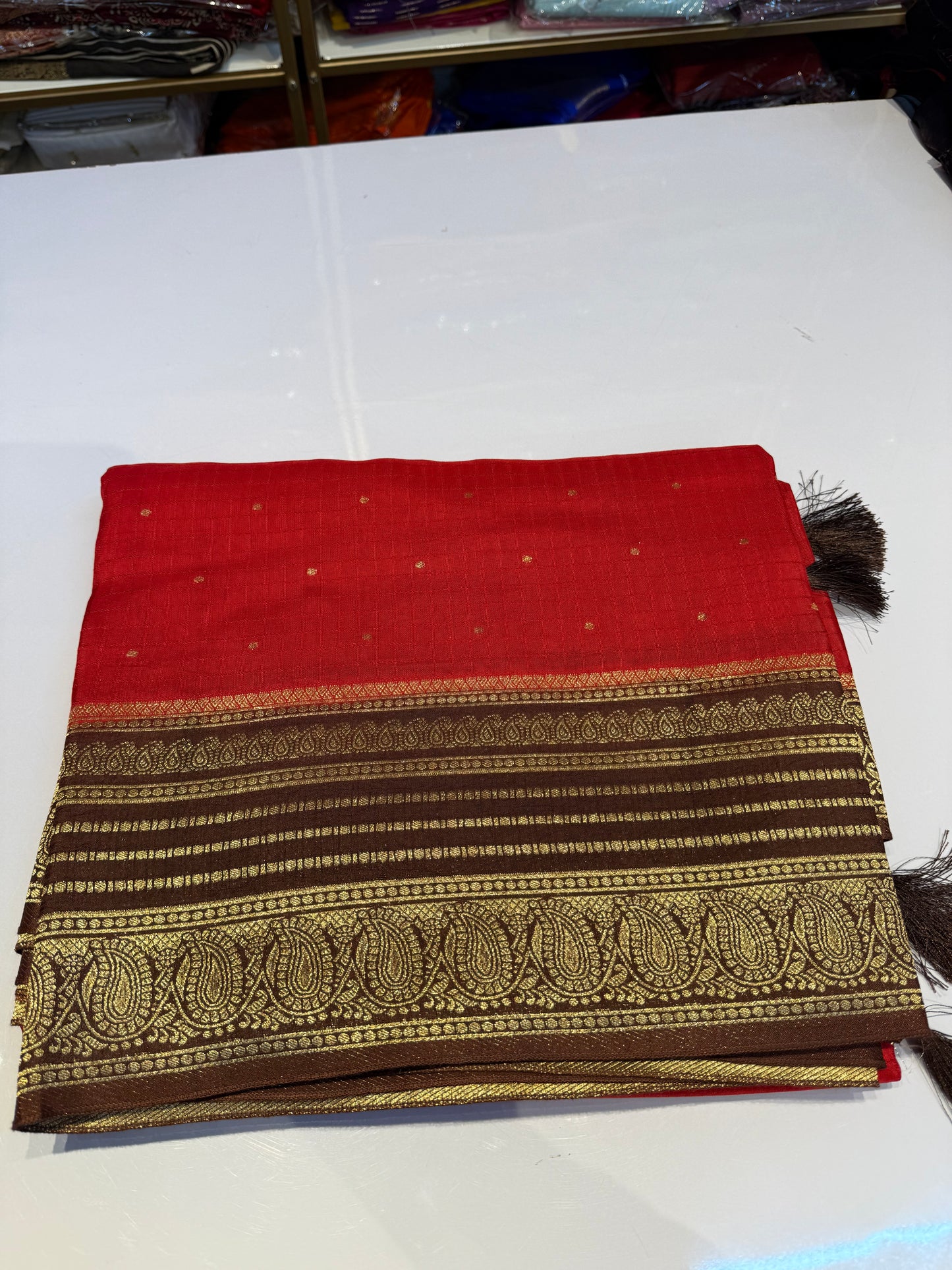 Red with brown raw mango silk Saree (SSV03)