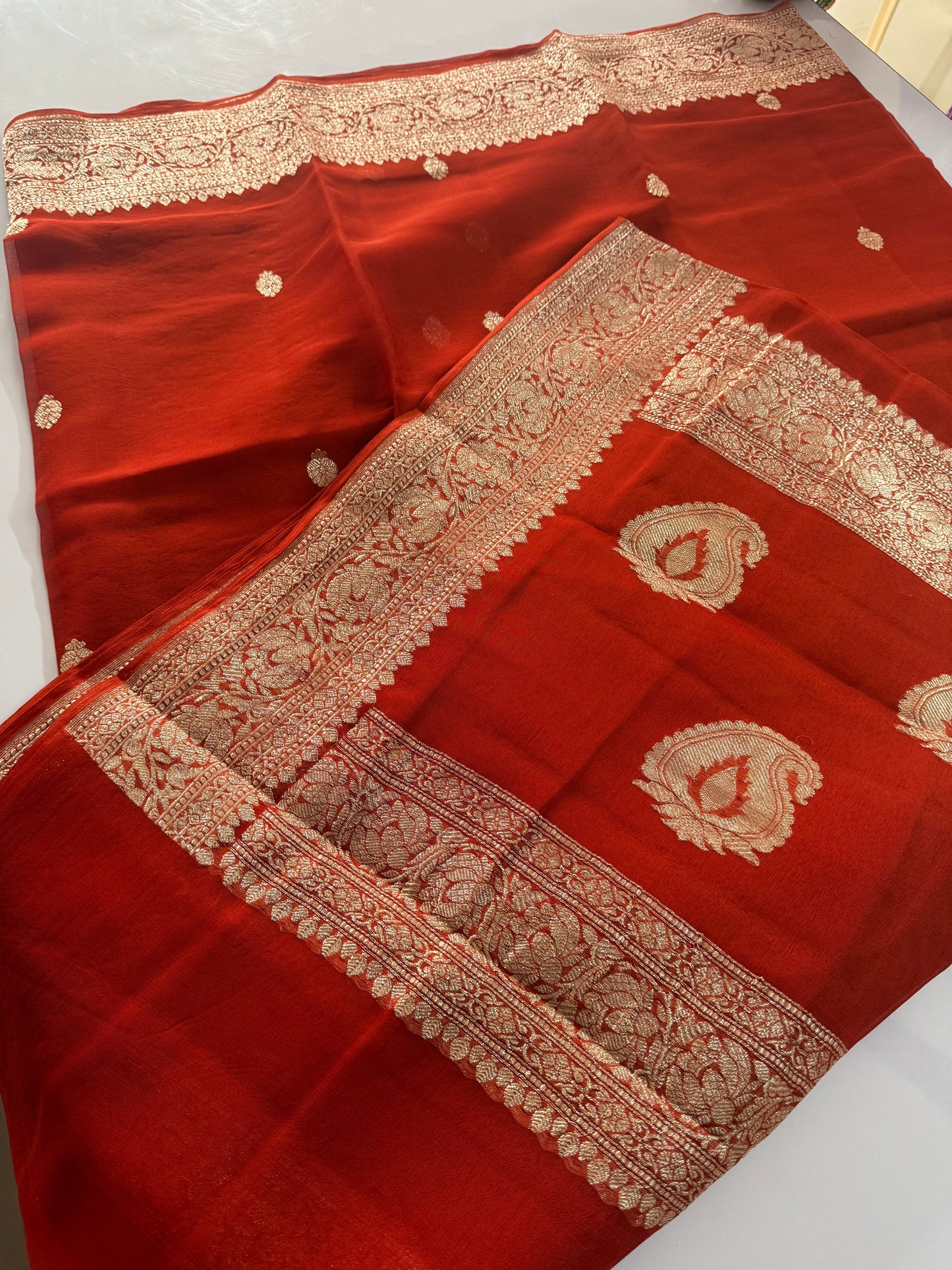 Rust Orange Pure chiffon Banarasi sarees