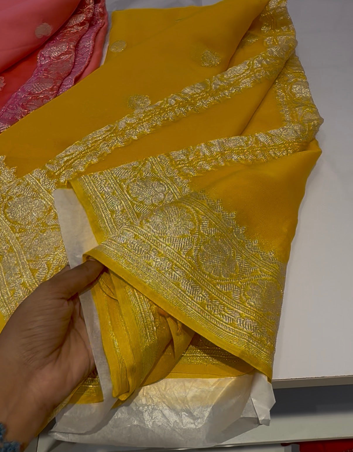 Yellow pure chiffon Banarasi sarees
