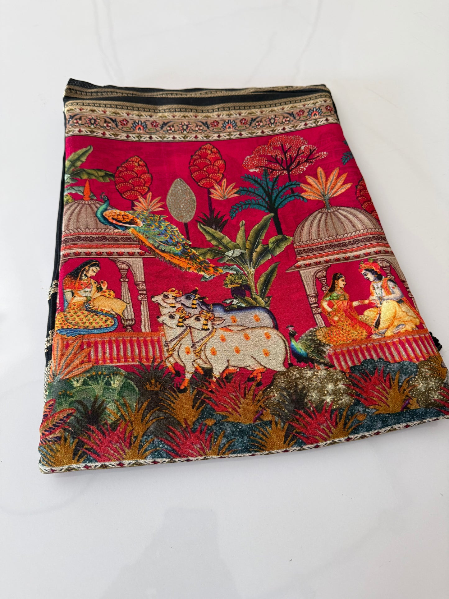 Black and Pink kalamkari Chinnon crepe silk saree