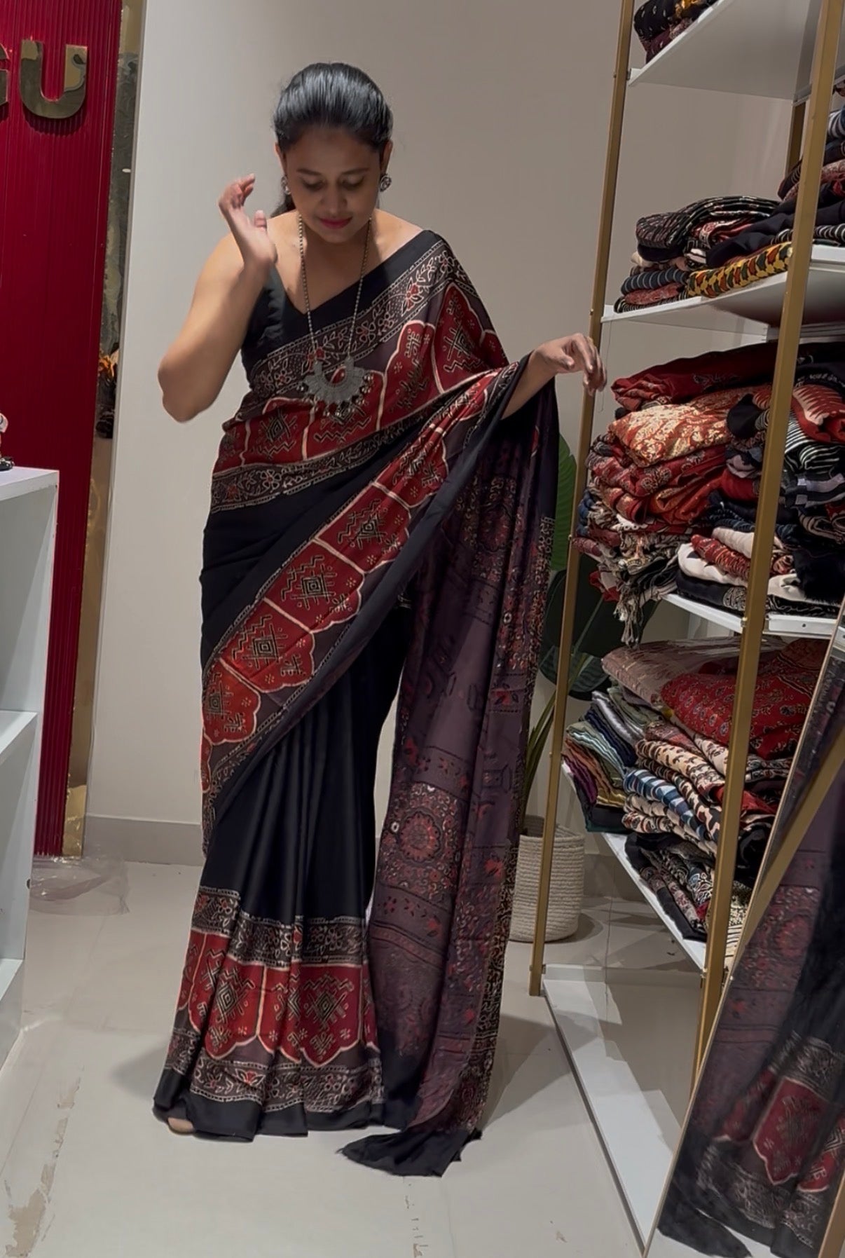 Red with black pure modal silk saree