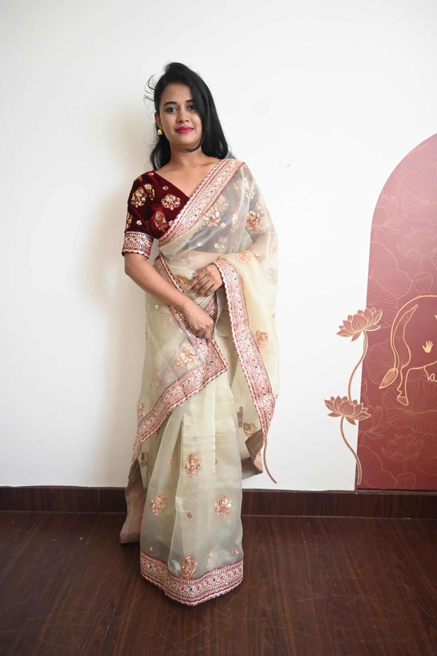 Designer organza saree with velvet blouse saree