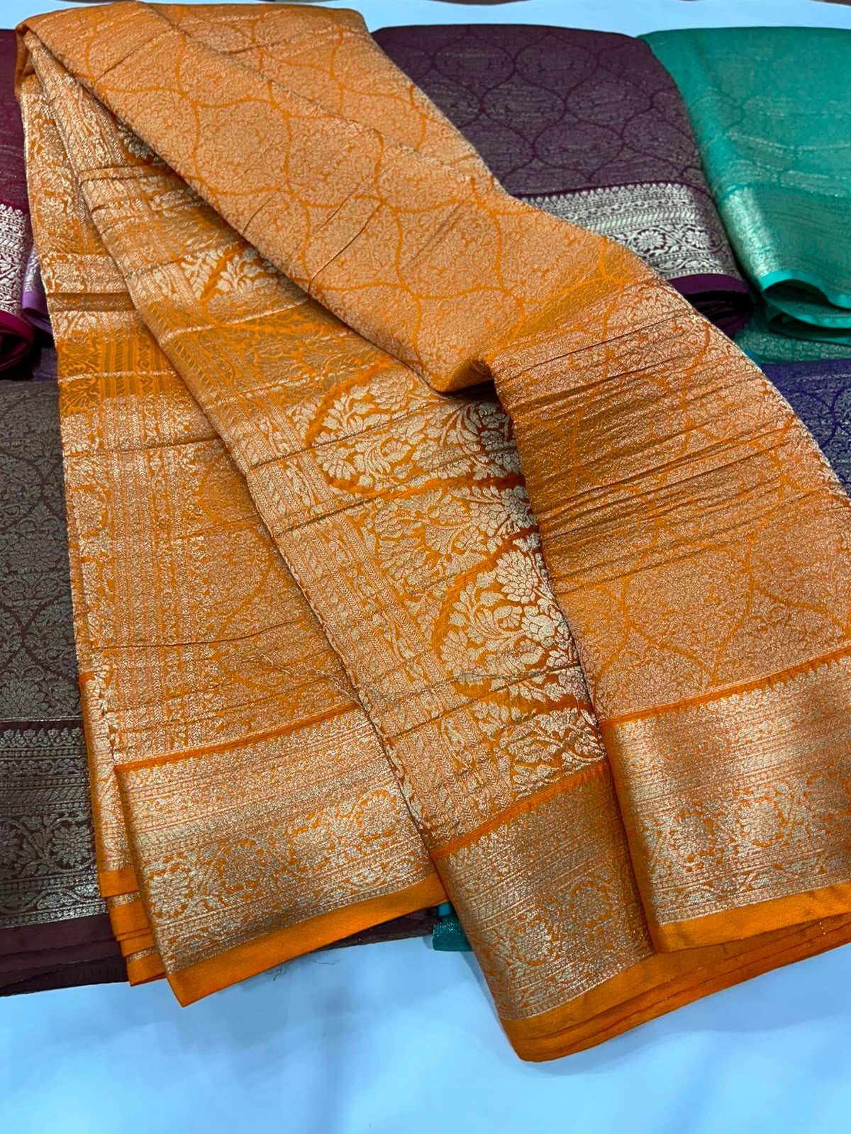 Yellow premium wrinkle Chinnon brocade saree