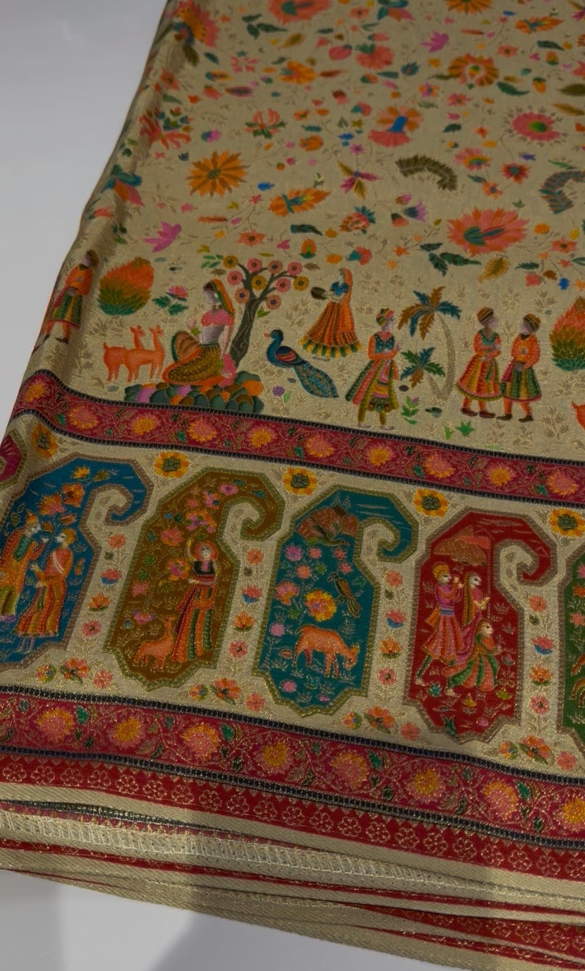 Cream Pure Pashmina Banarasi Saree