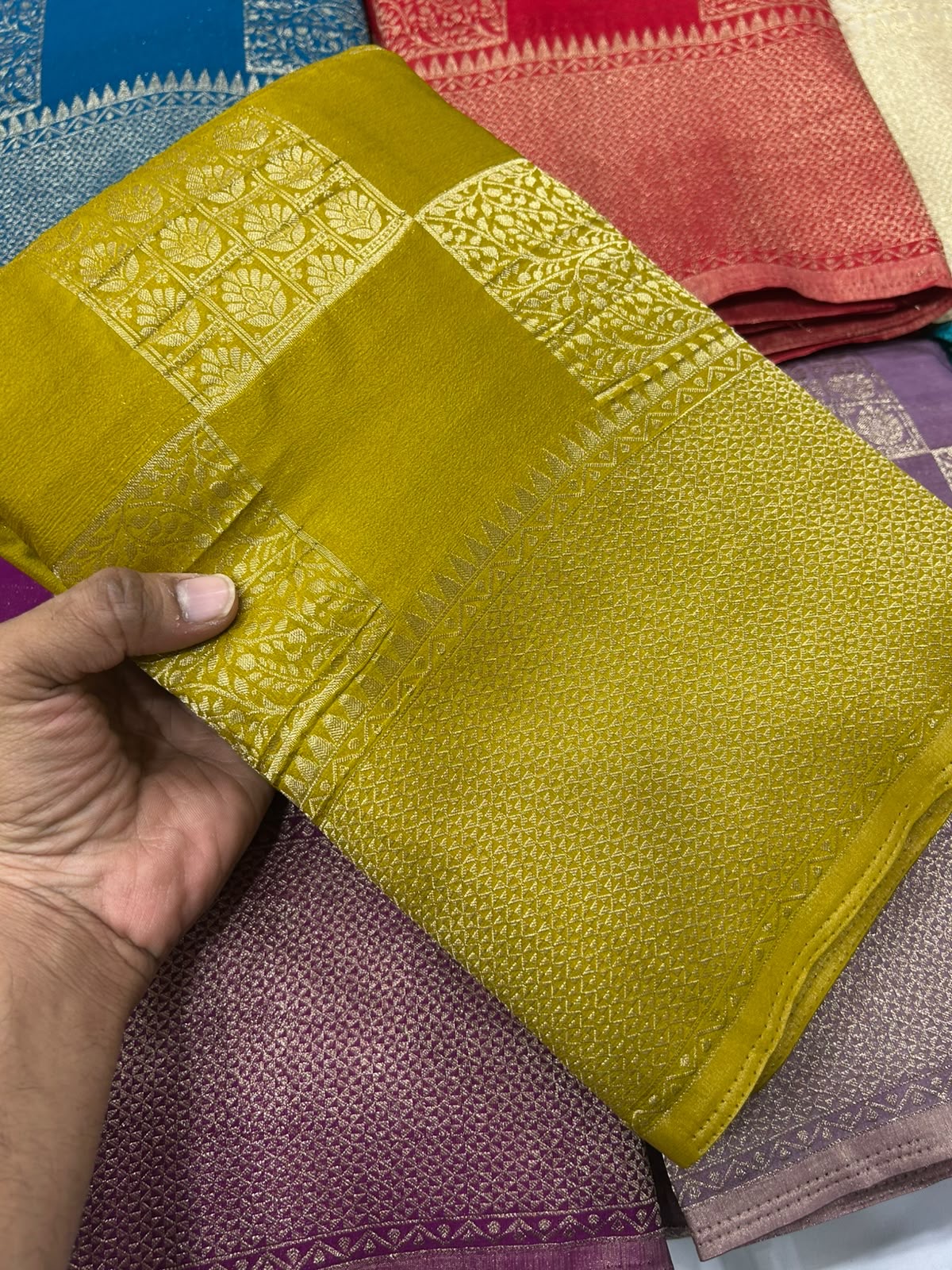 Yellow georgette crushed zari saree