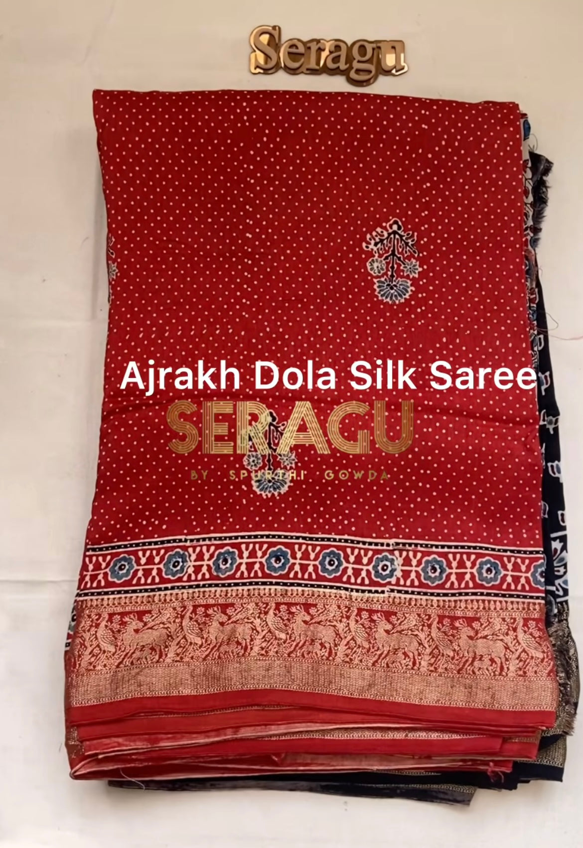 Dola Silk Saree with ajrakh hand block print