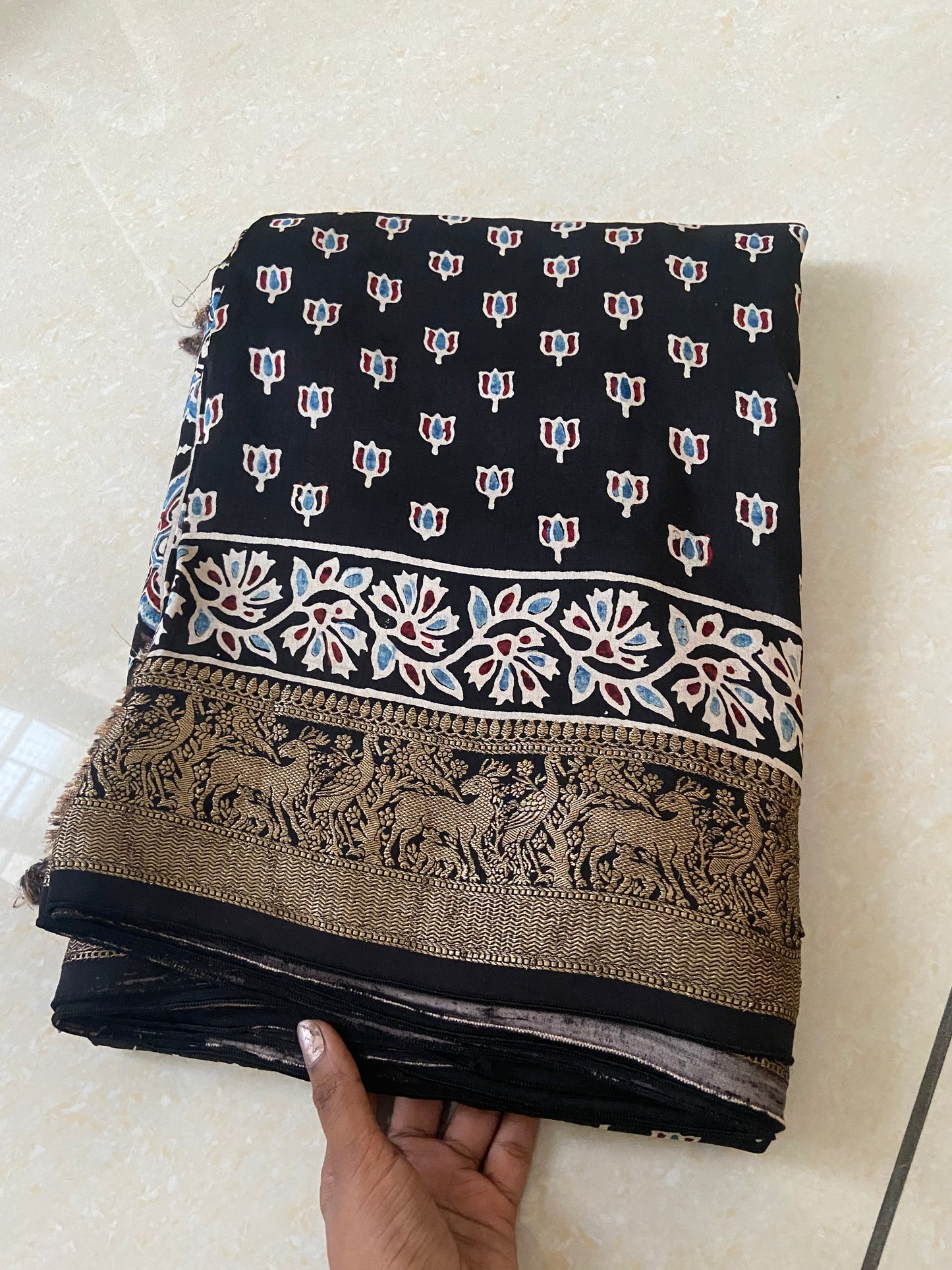 Dola Silk Saree with ajrakh hand block print
