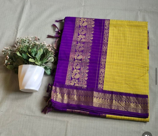 Yellow with purple Silk Cotton Saree