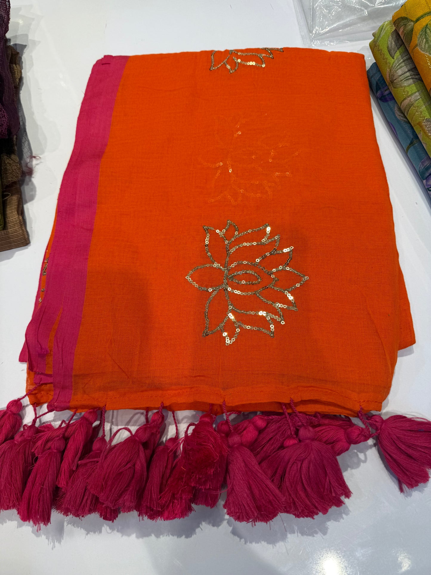 (Pre order) Orange with pink lotus sequence work 120 count pure mul Cotton With Long Tassels Saree(MUL10)