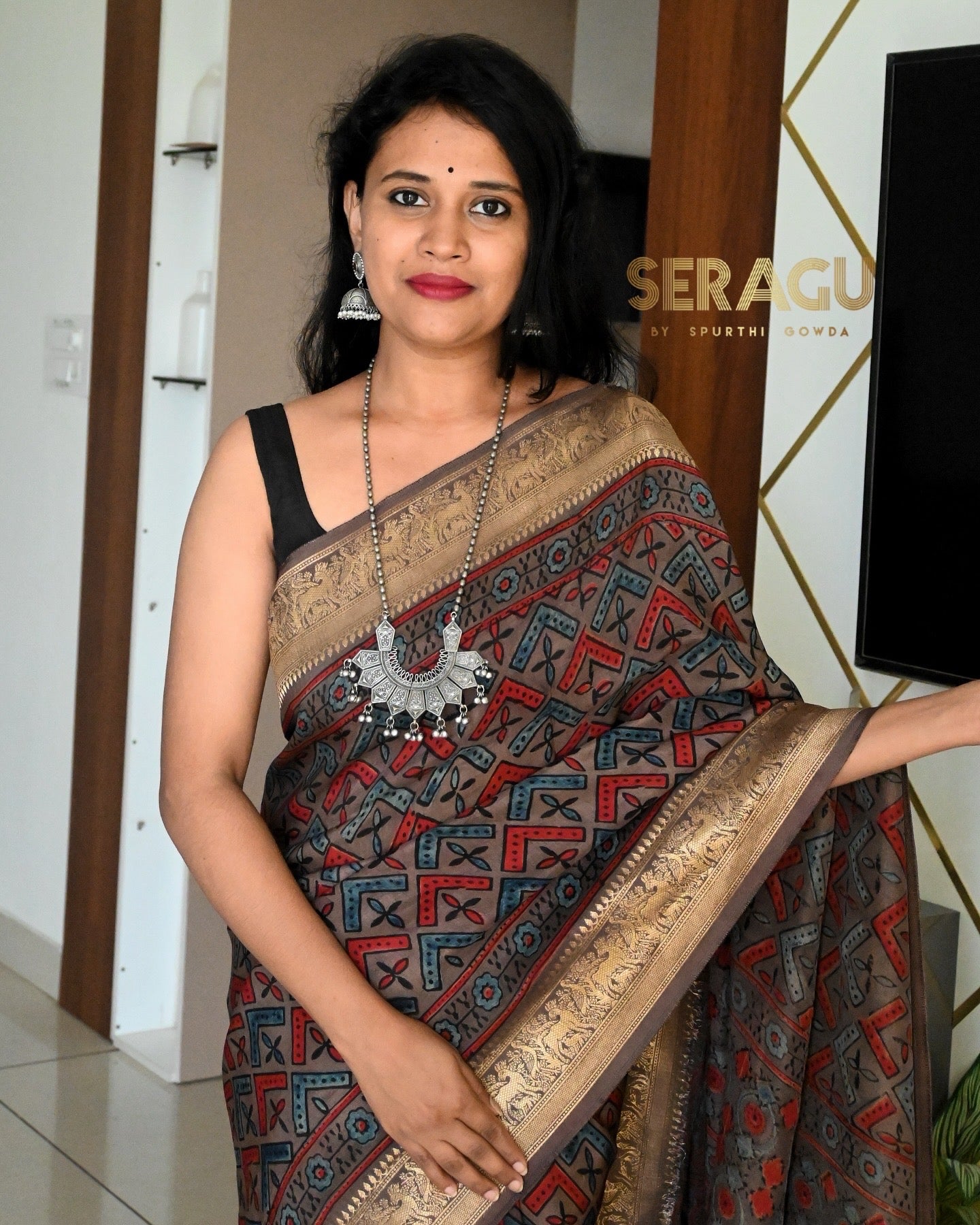 Ajrakh Dola Silk Saree