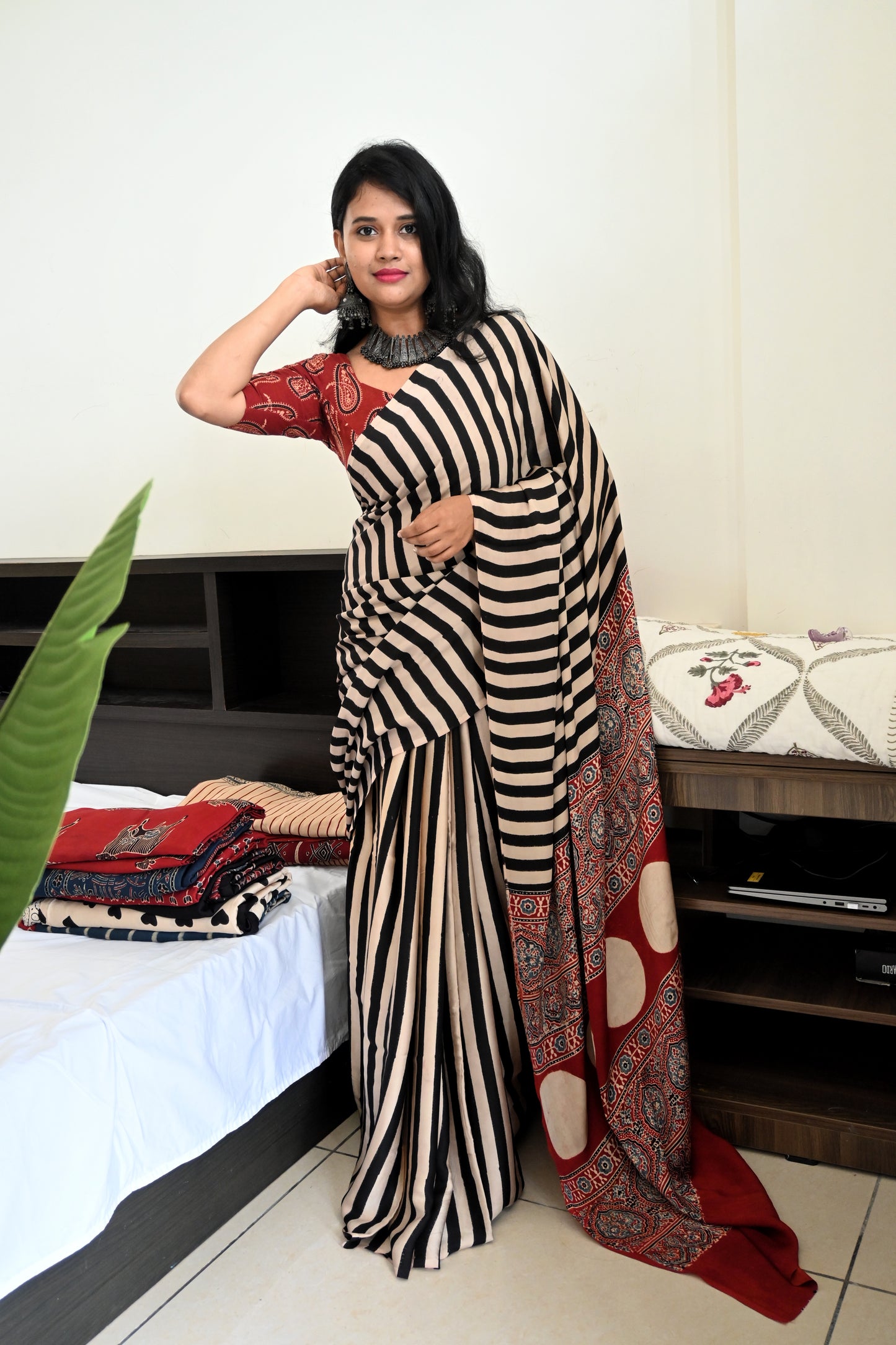 Pure modal silk saree in black and white stripes