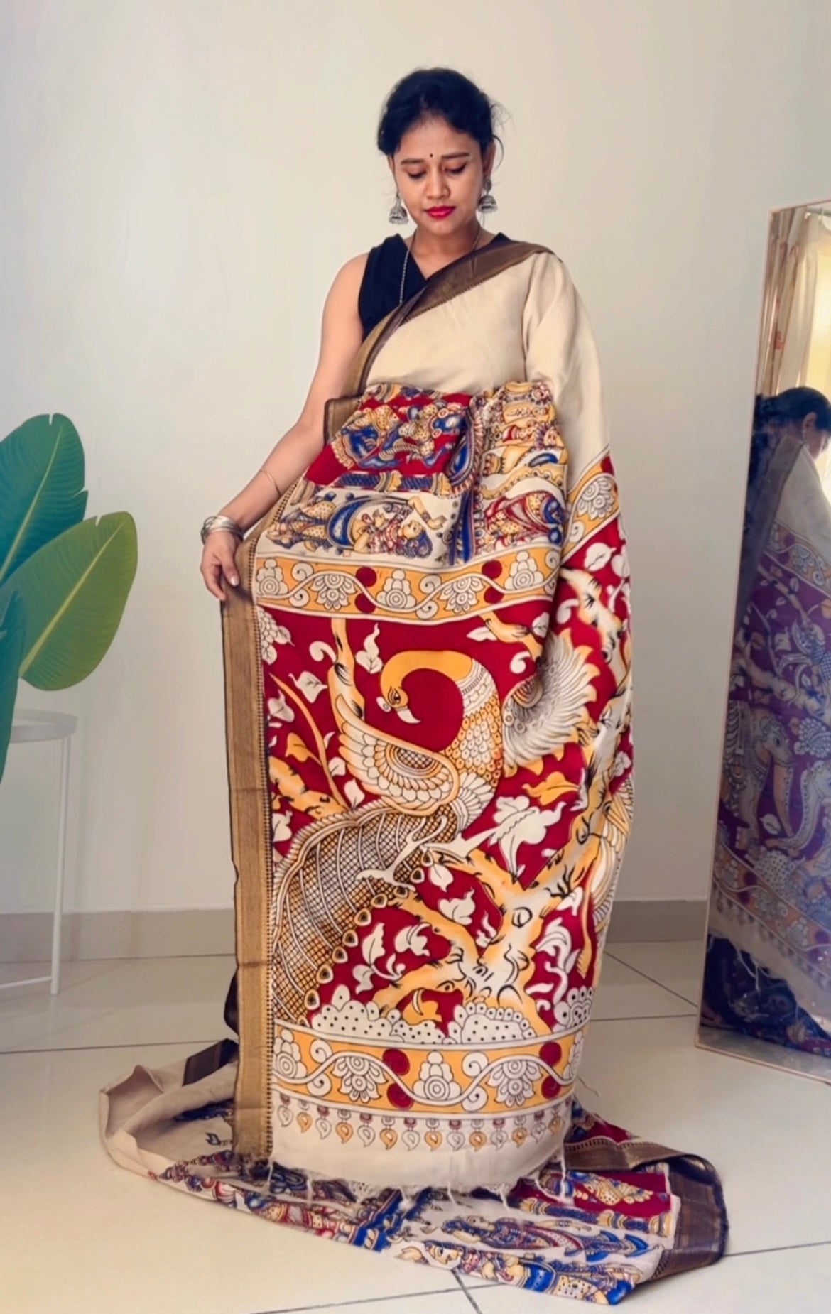 Off-white pure kalamkari chennur silk saree with nizam border