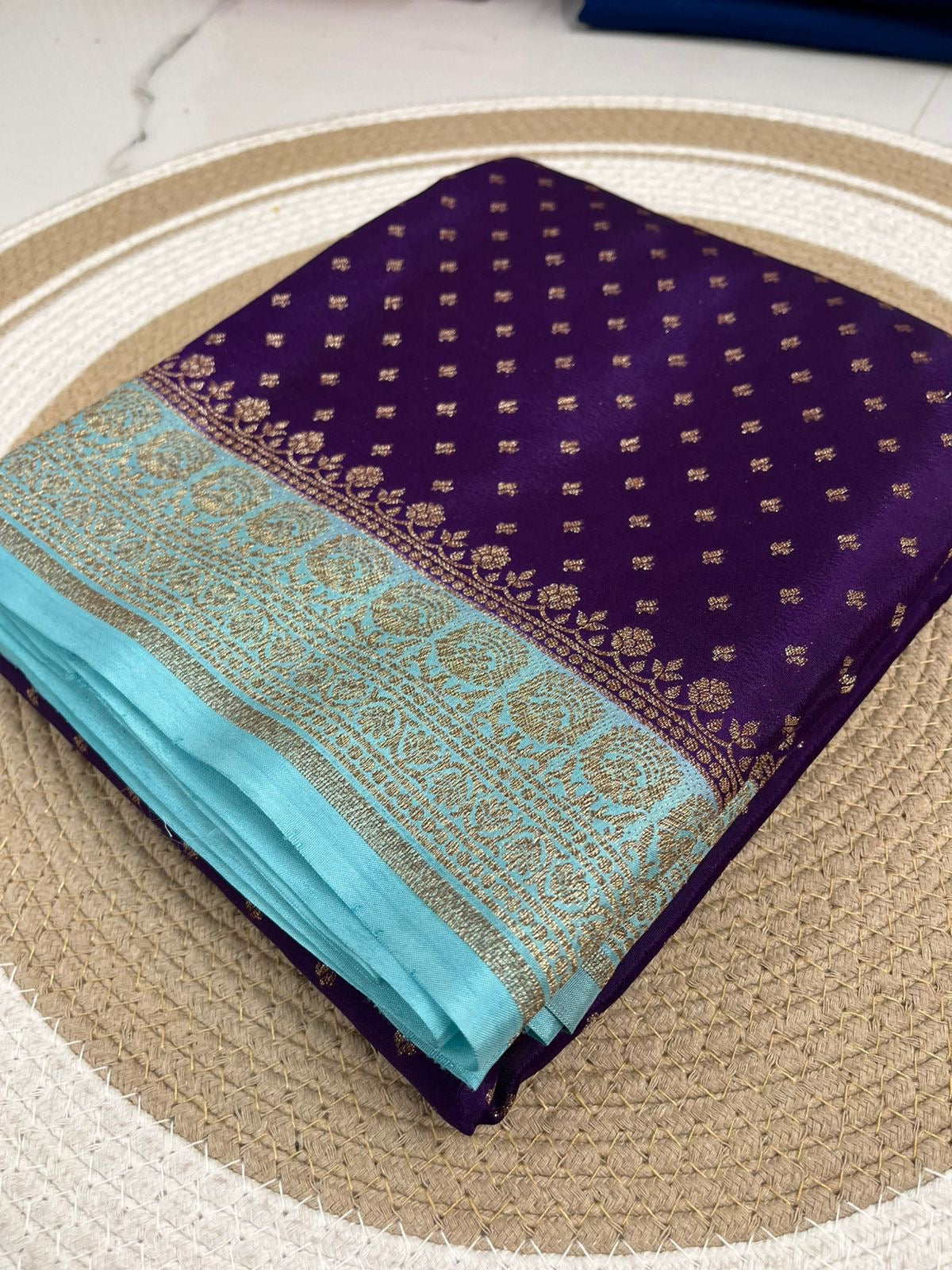 Purple with sky blue pure Crepe chiffon banarasi saree