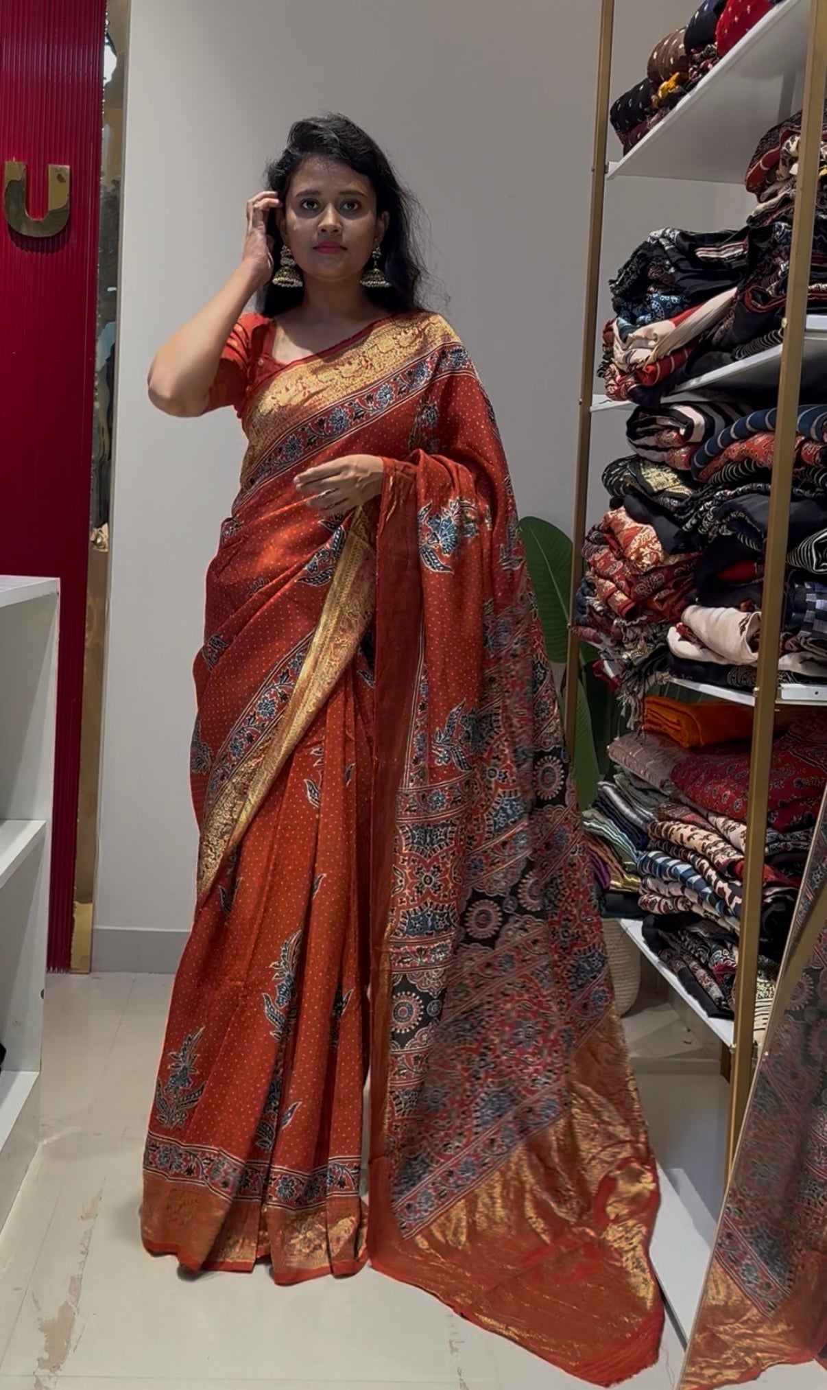 Floral Maroon Dola Silk Saree with ajrakh hand block print