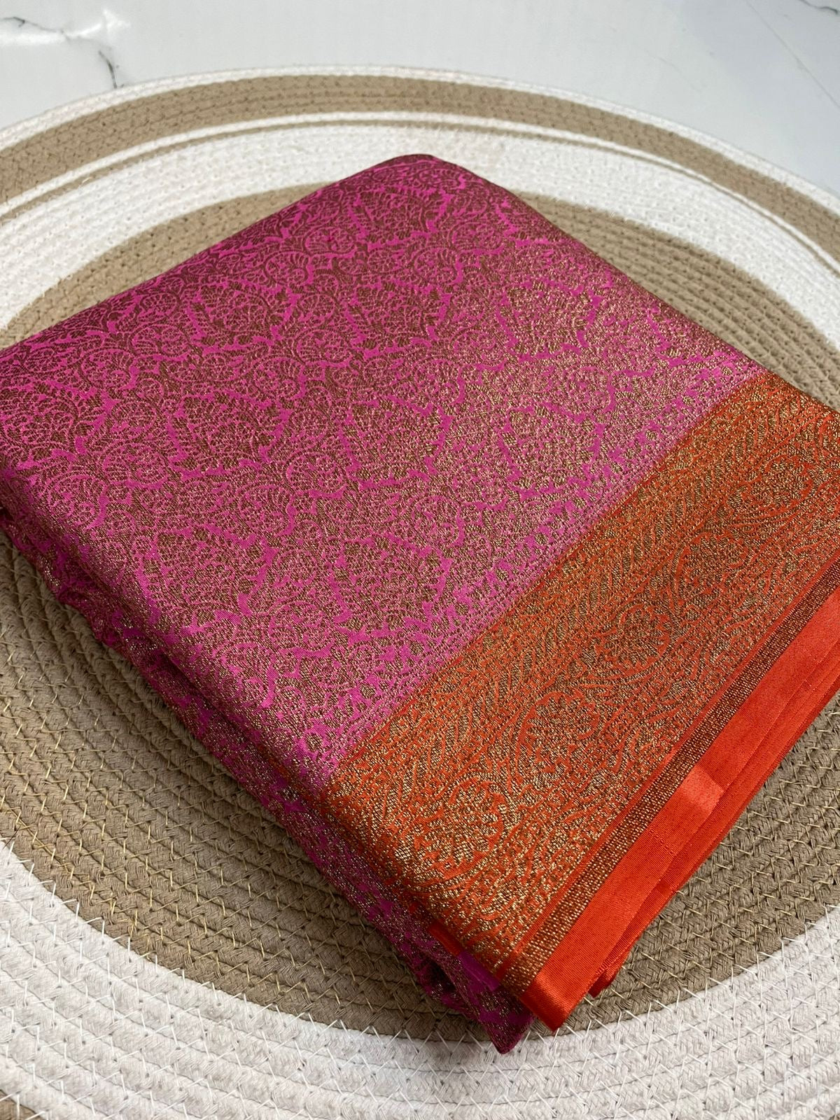 Pink With Orange PURE BROCADE Khaddi Crepe Chiffon Handloom Banarasi Saree
