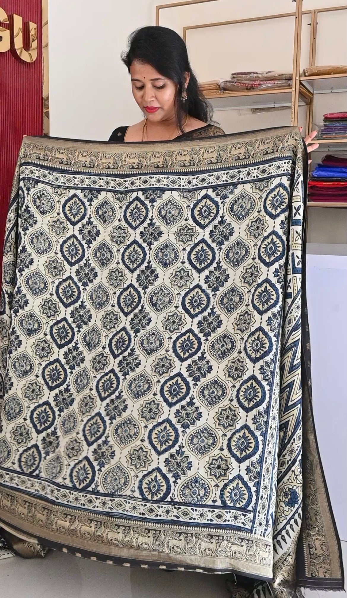 Pista Green Dola Silk Saree with ajrakh hand block print