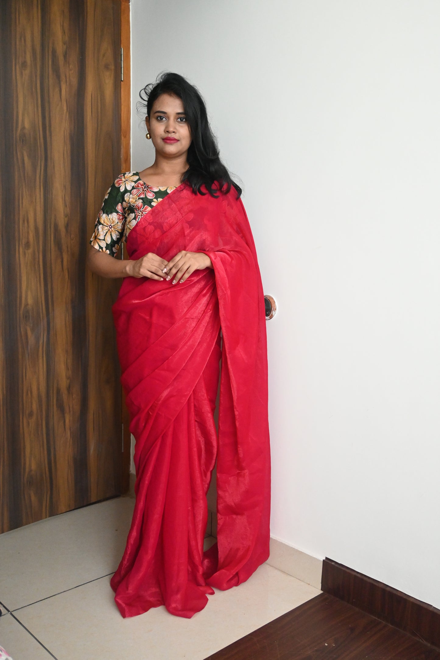 Red space silk saree with position embroidery blouse
