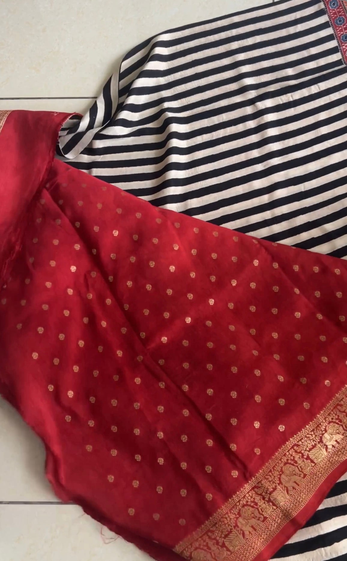 Red Dola Silk Saree with ajrakh hand block print