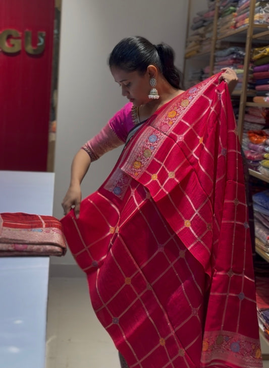 Pink Tusser georgette Saree