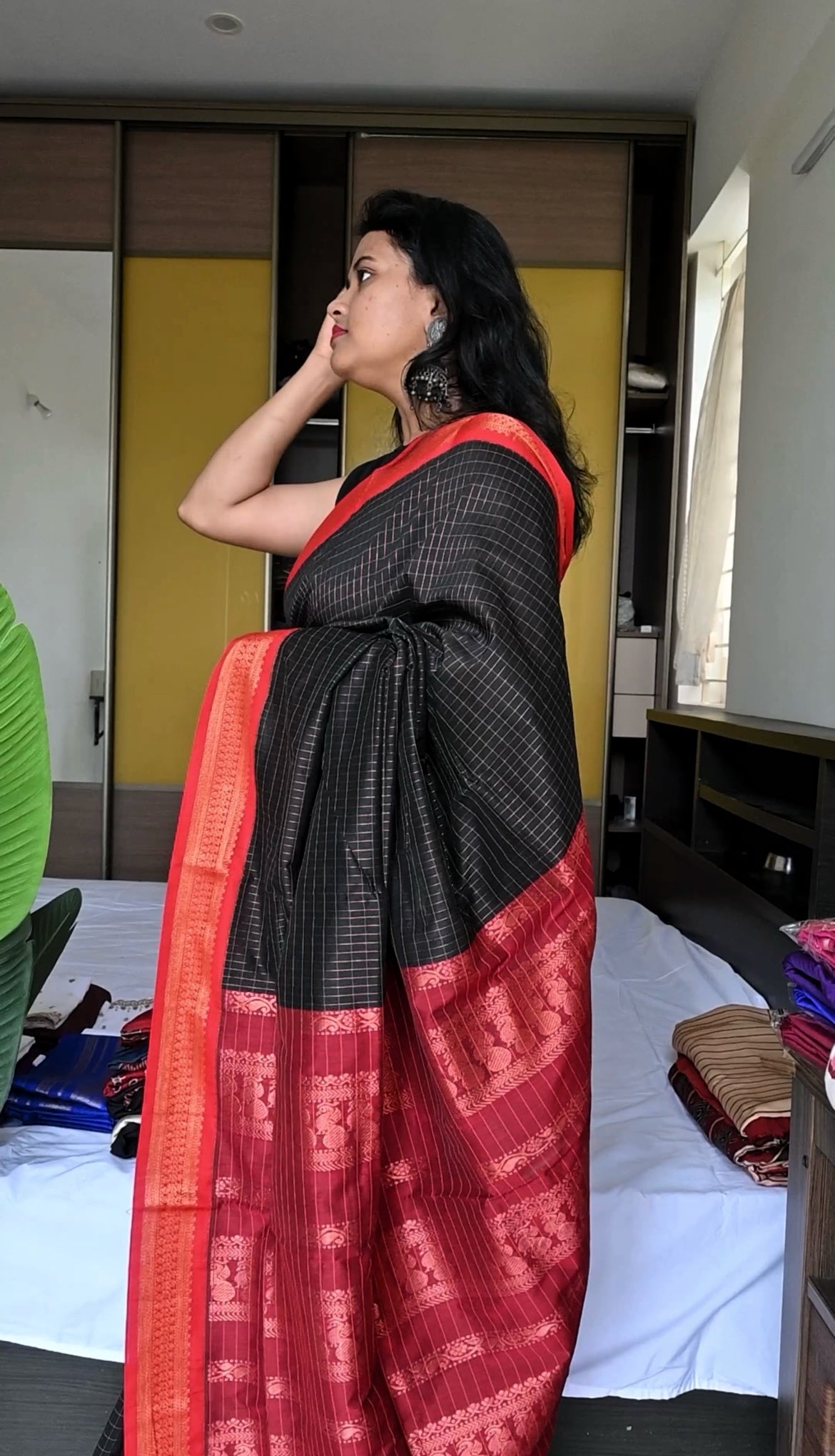 Black and red checked cotton silk saree
