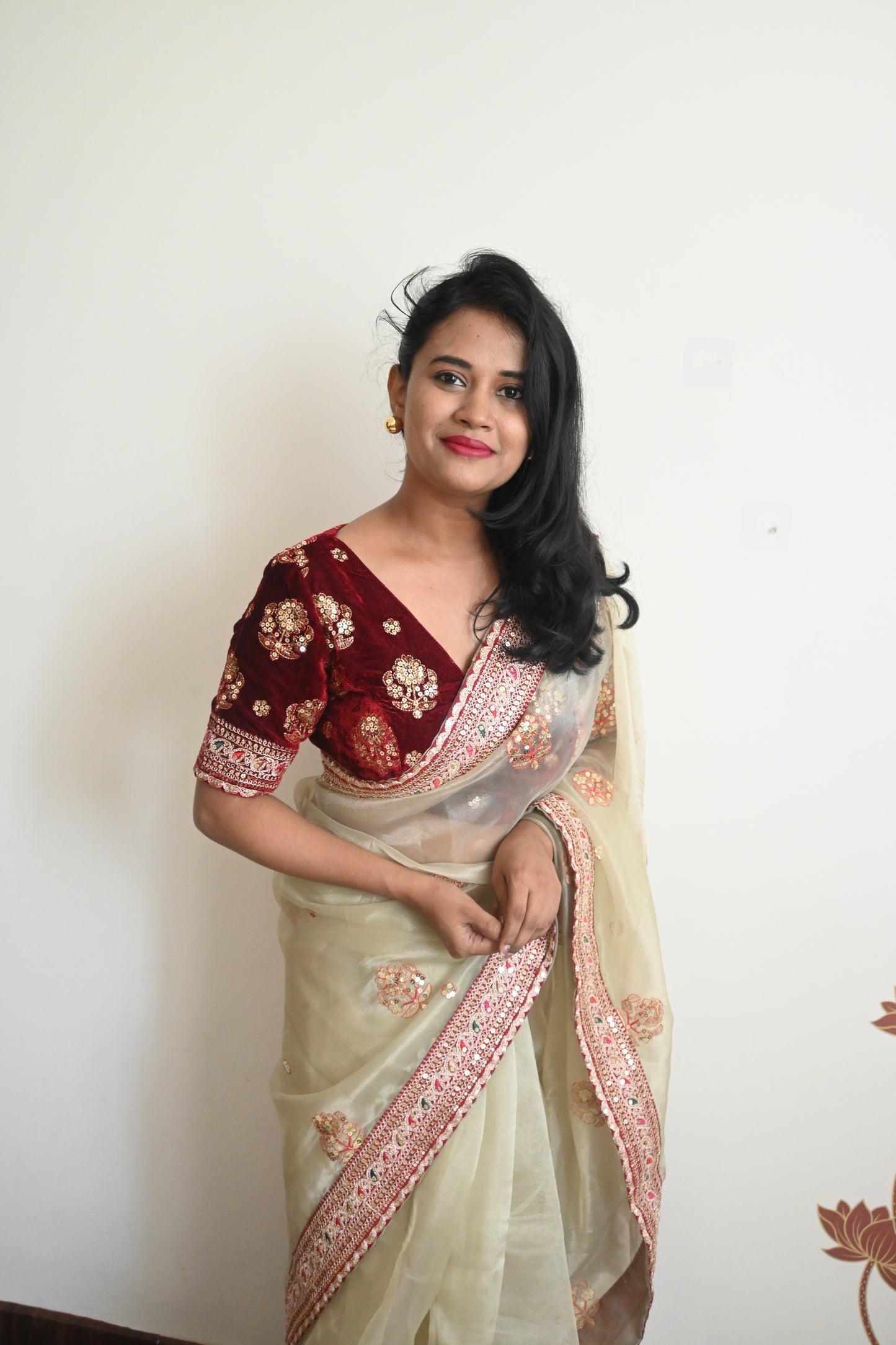 Designer organza saree with velvet blouse saree