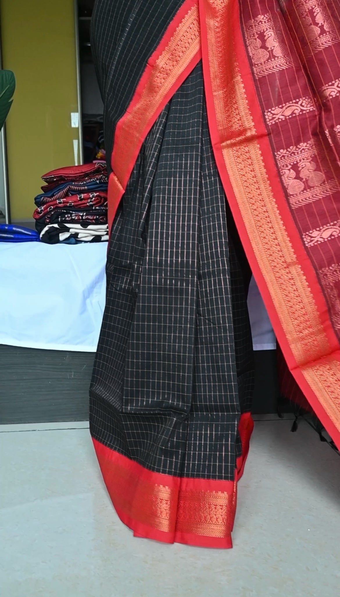Black and red checked cotton silk saree