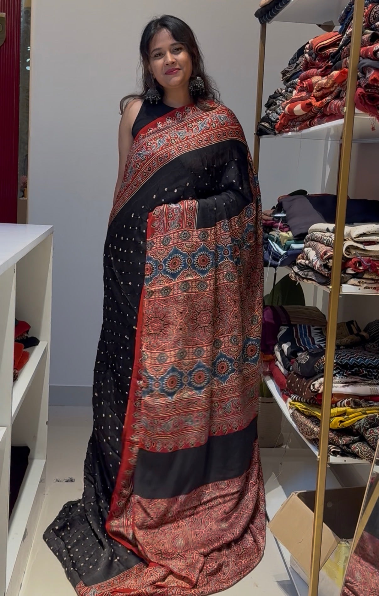 Black with red Bandhej Ajrakh Modal Silk Saree