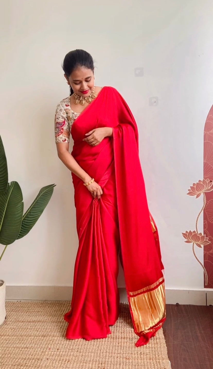 Red Pure modal silk saree with lagadi pallu with running blouse