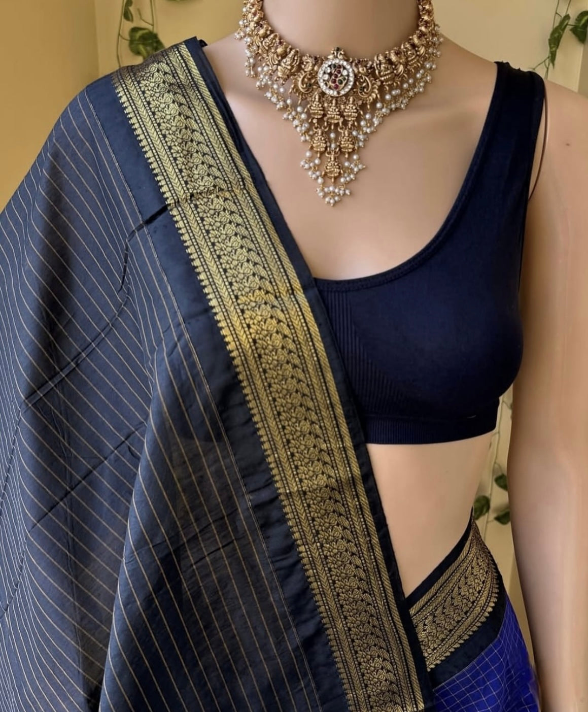 Blue checked Cotton Silk Saree