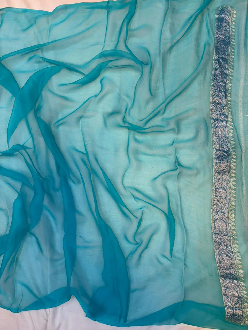 Dual shade blue with green pure chiffon Banarasi sarees