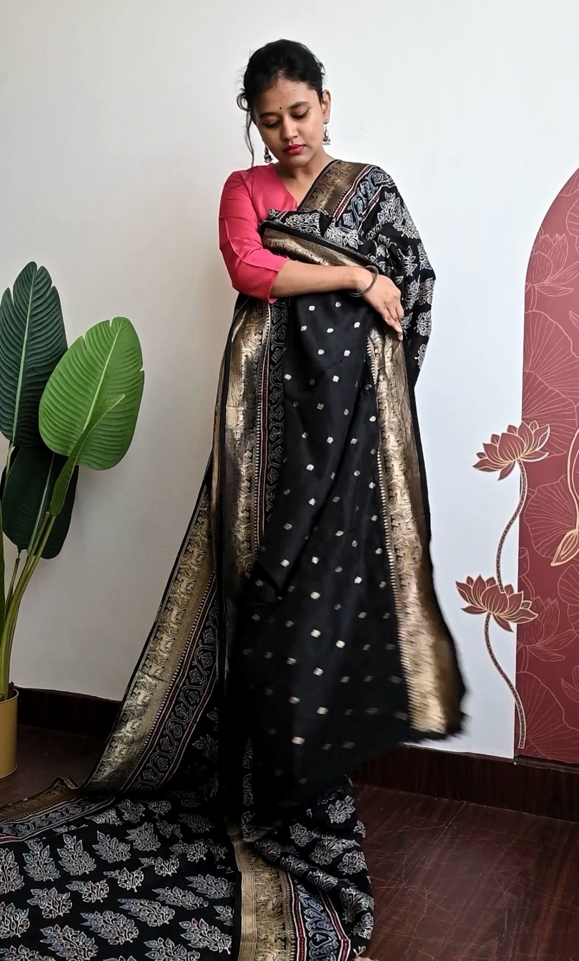 Pure Dola silk saree with ajrakh hand block print
