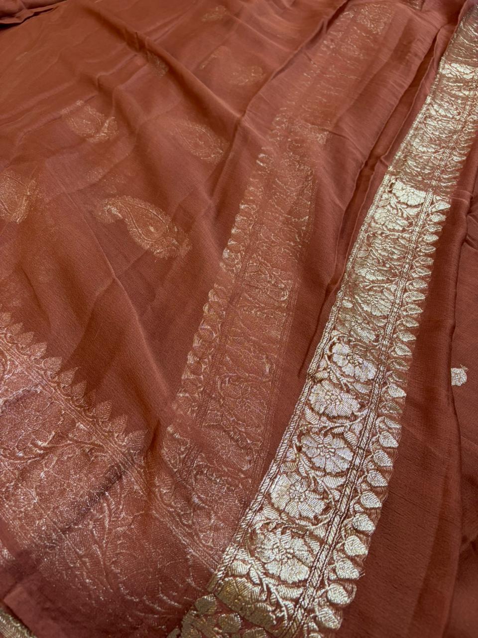 Chocolate Brown Pure chiffon Banarasi sarees