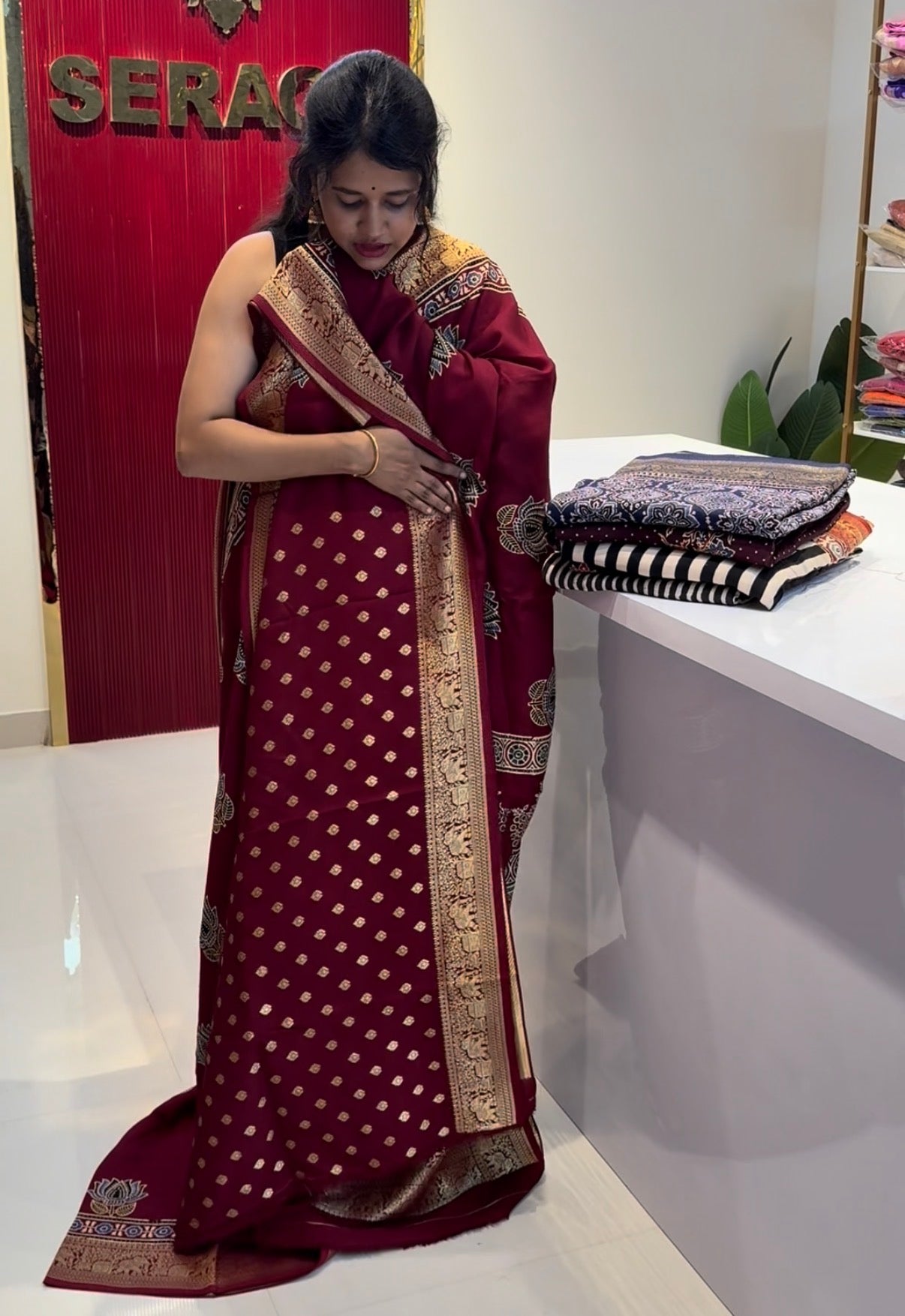 Dola Silk Saree with ajrakh hand block print