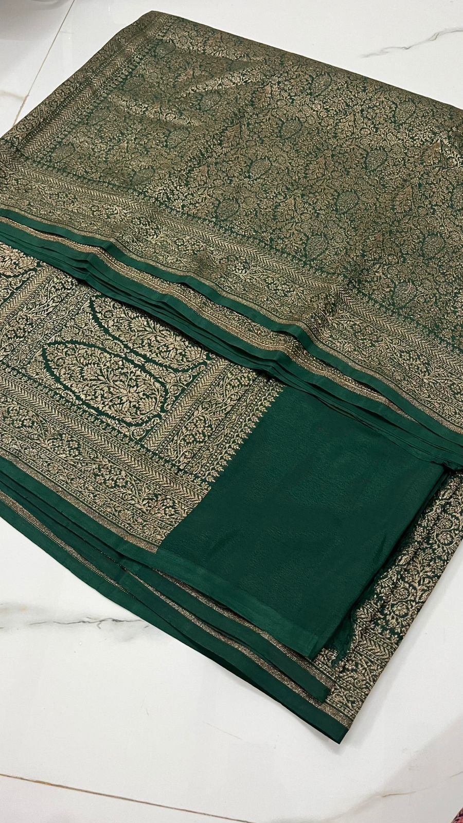 Green PURE BROCADE Khaddi Crepe Chiffon Handloom Banarasi Saree