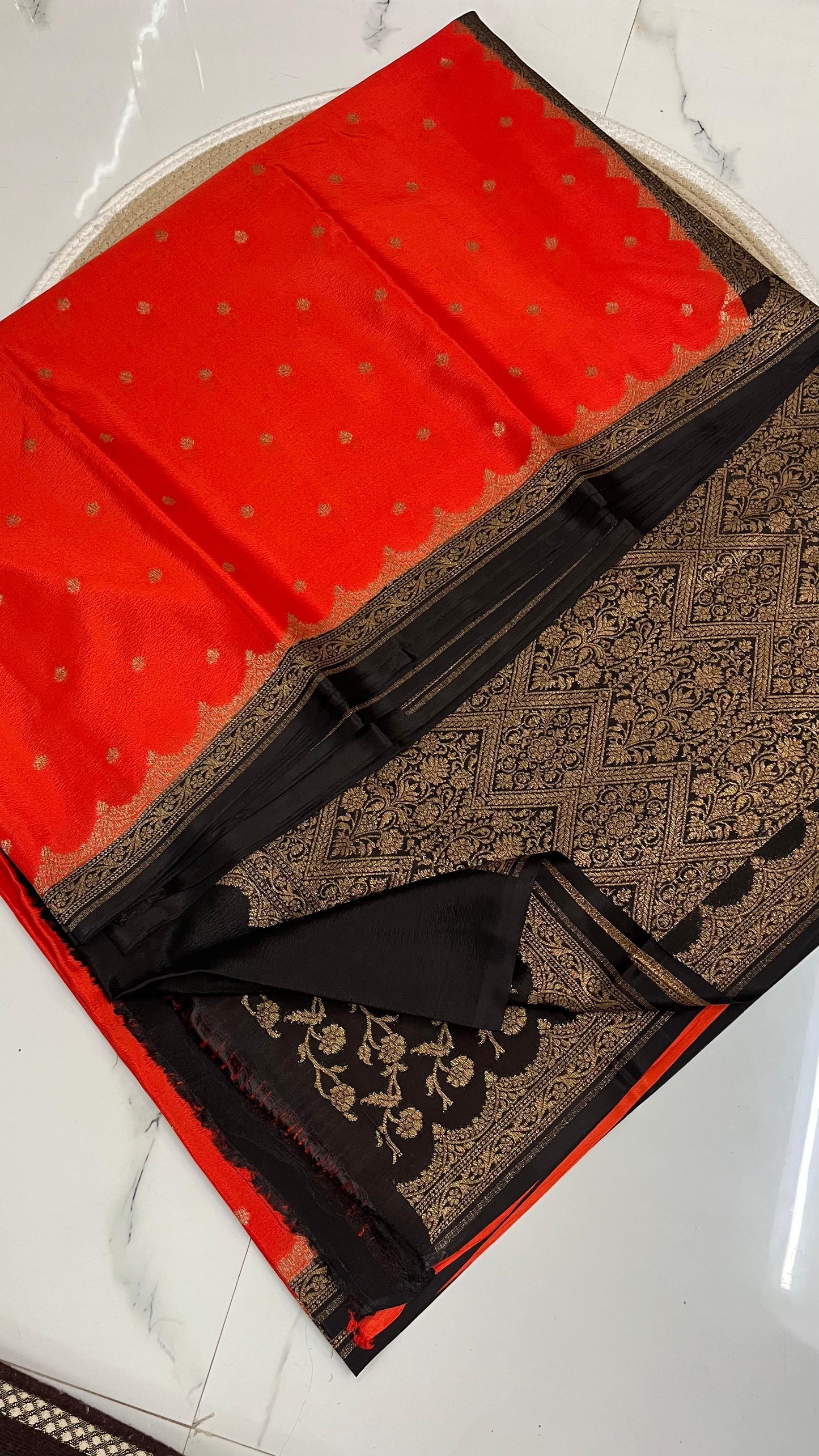 Orange with black Pure Crepe banarasi saree